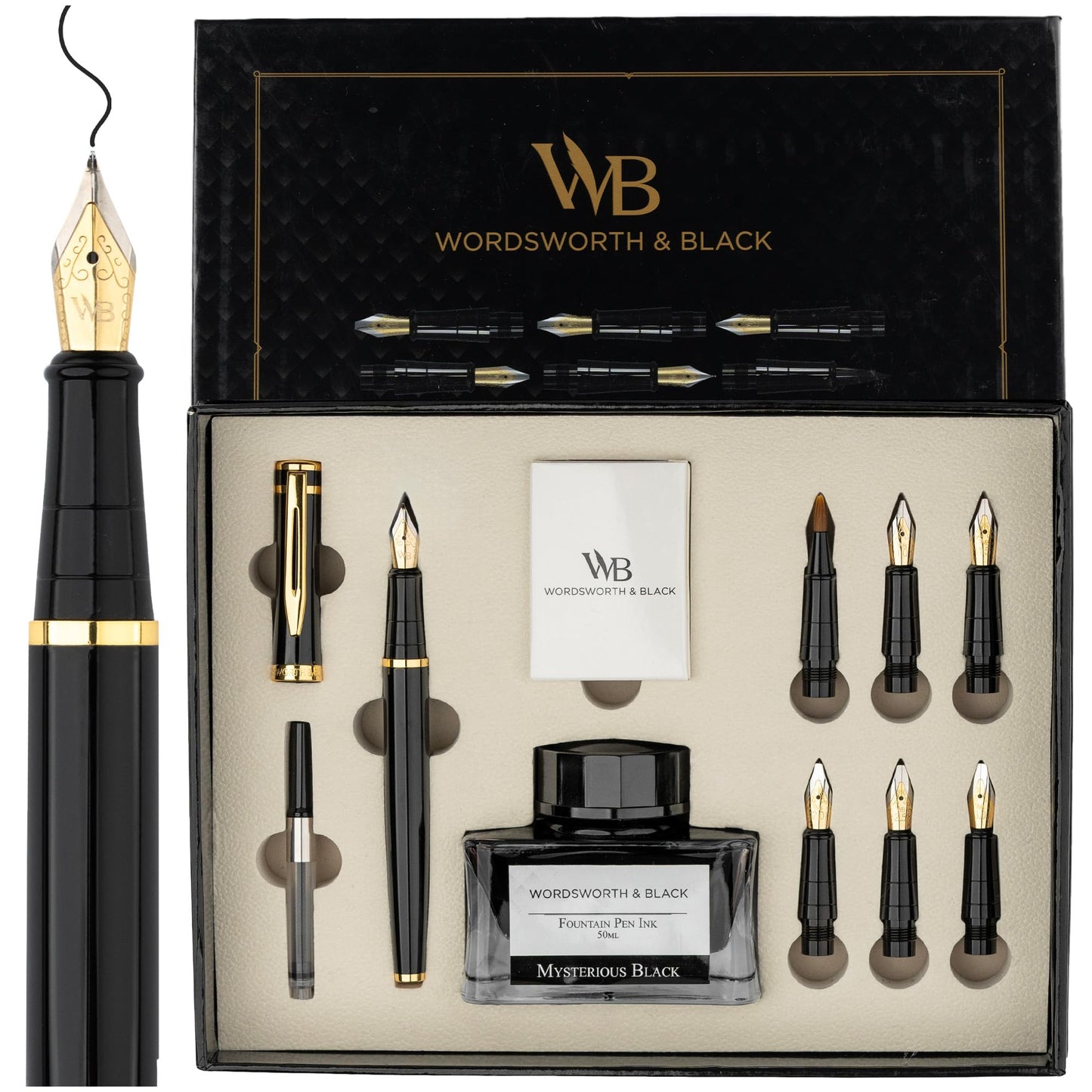 Wordsworth & Black Calligraphy Pen Gift Set, Includes Ink Bottle, 6 Ink Cartridges, Ink Refill Converter, 6 Replacement Nibs, Premium Package, Journaling, Smooth Writing Pens [Black Gold]