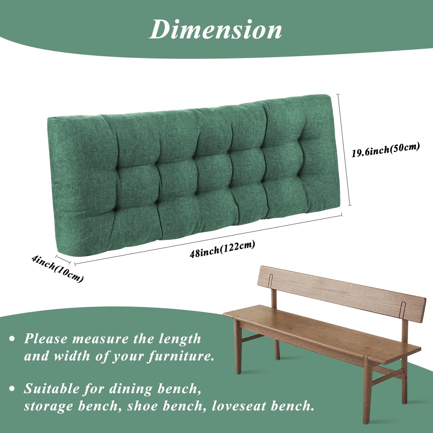 FlyGulls Bench Cushion for Indoor Furniture Rectangle Bench Seat Cushion for Bay Window Entryway Bench Thick Textured Chair Cushion with Non-Slip Backing 1 Pack 48 x 19 inch (1, Green)