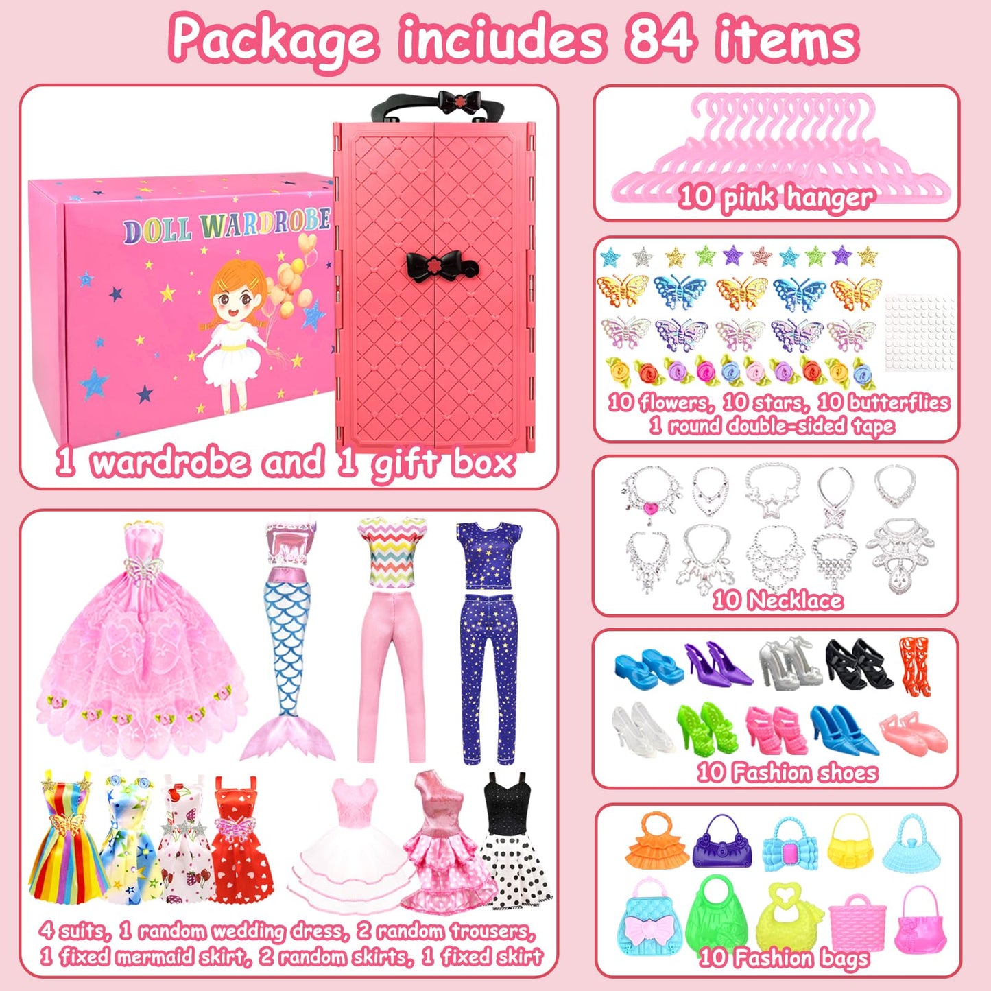 84 Pack Doll Clothes and Accessories with Doll Closet for 11.5 Inch Doll Fashion Design Kit Girl Including Wedding Dress Fashion Dress Outfits Tops and Pants Shoes Hangers Bags Necklaces