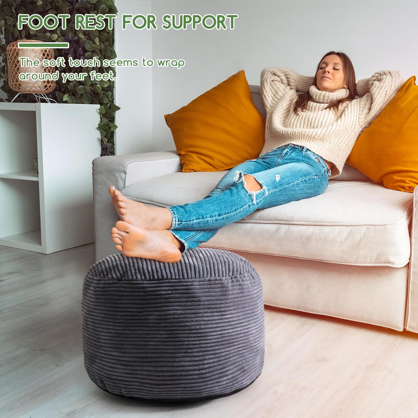 HIGOGOGO Corduroy Round Pouf Ottoman with Foam Chunk Filling, Furry and Fluffy Pouf Foot Stool, 20 X 15 Floor Poufs Foot Rest for Living Room, Dark Grey