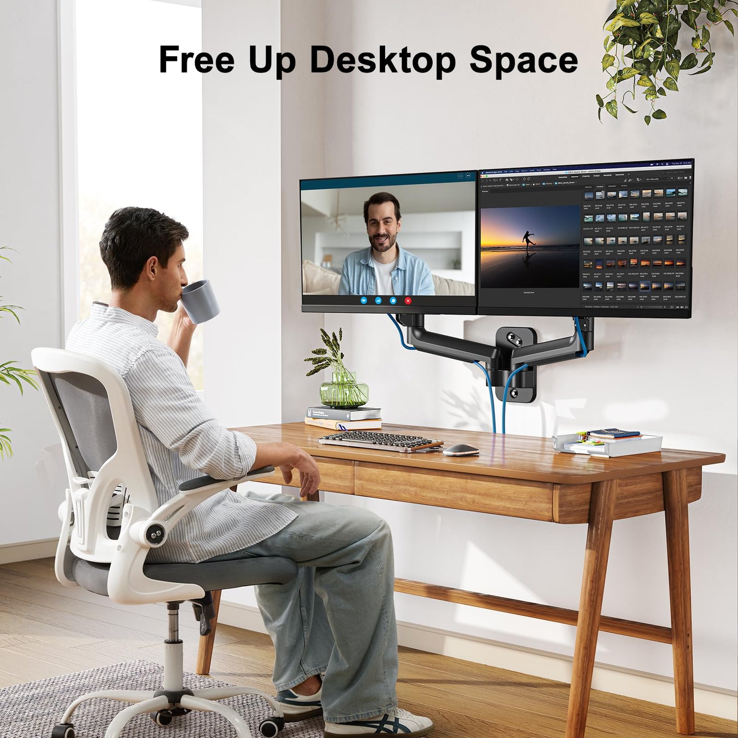 HUANUO Dual Monitor Wall Mount up to 32-inch Screens, Wall Monitor Mount with Design System, Height-Adjustable/Tilt/Swivel/Rotate, Dual Monitor Mount Holds 17.6 lbs, VESA 75 or 100mm