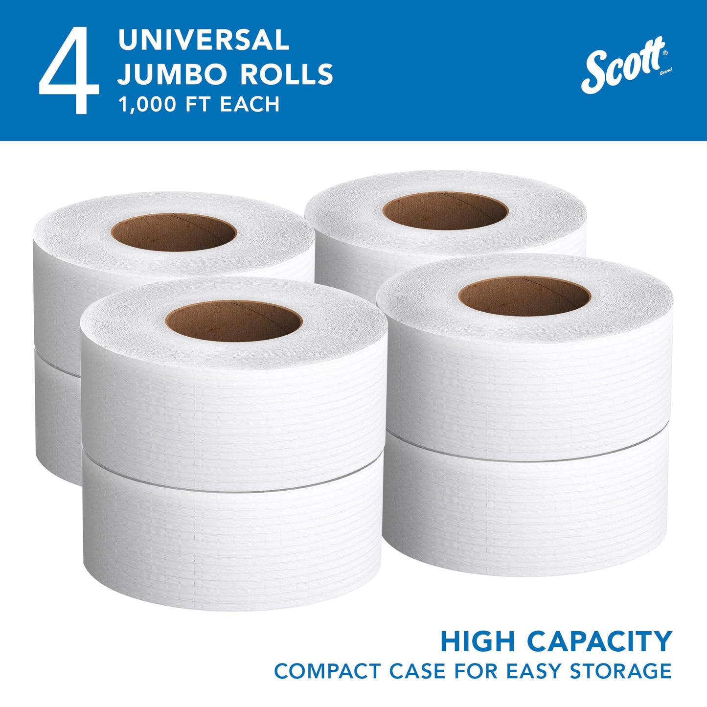 Scott Professional High-Capacity Jumbo Roll Toilet Paper, Bulk (03148), 2-Ply, White, Non-Perforated, Compact for Easy Storage (4 Rolls at 1,000' Each, 4,000'/Case)