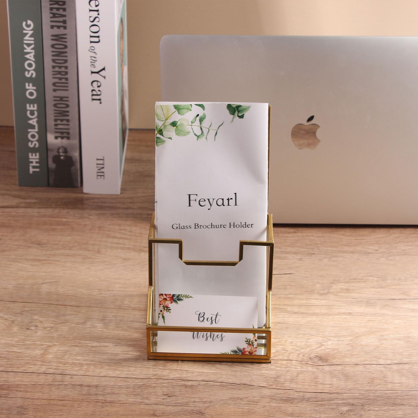 Feyarl Gold Glass Brochure Holder Pamphlets Cards Literature Holder Flyer for 4" Trifold Holder Glass Display Stand with Business Card Holder for Brochures Magazines Literatures Display