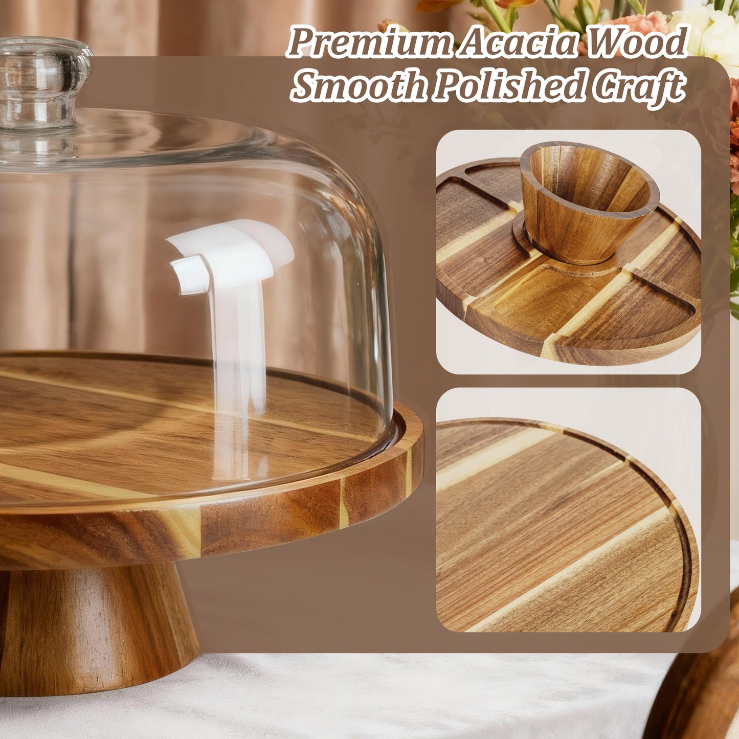 VALESKA Acacia Wood Cake Stand with Dome Lid, 2-in-1 Dessert Table Display Set & Charcuterie Board with 12In Acrylic Lid, Serving Platter, Fruit Platter, Cake Plate