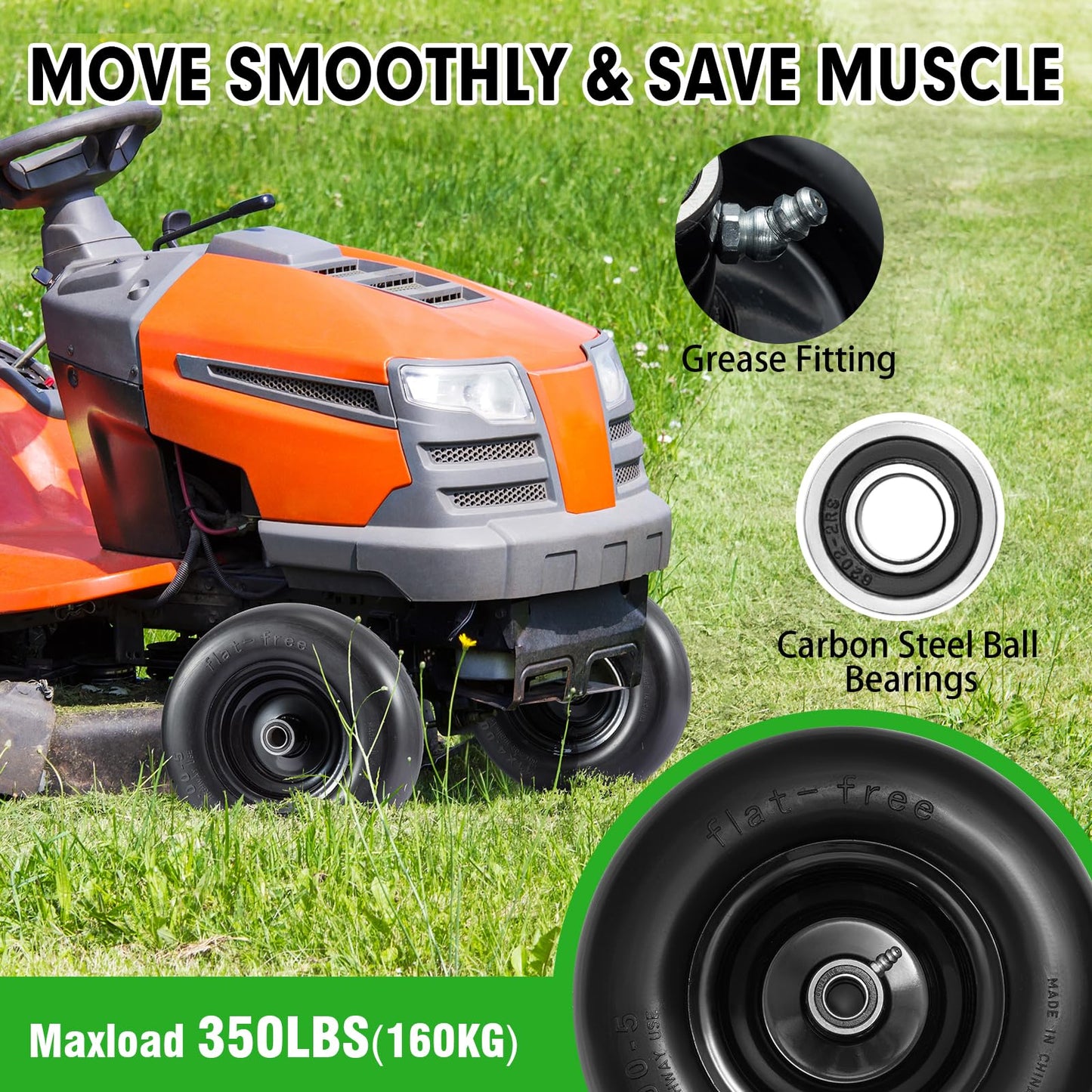 11x4.00-5" Lawn Mower Tire on Wheel Flat Free 2 PCS, 3/4" or 5/8" Bearing, Solid Mower Wheel for Residential and Commercial 3.4"-5" Centered Hub, Zero Turn Mower Front Tires