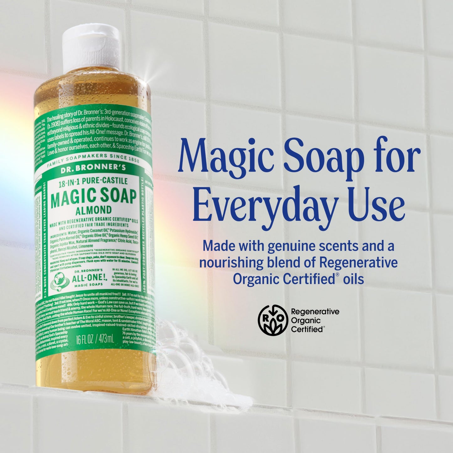 Dr. Bronner’s - Pure-Castile Liquid Soap (Almond, 946 mL) - Made with Organic Oils, 18-in-1 Uses: Face, Body, Hair, Laundry, Pets and Dishes, Concentrated, Vegan, Non-GMO