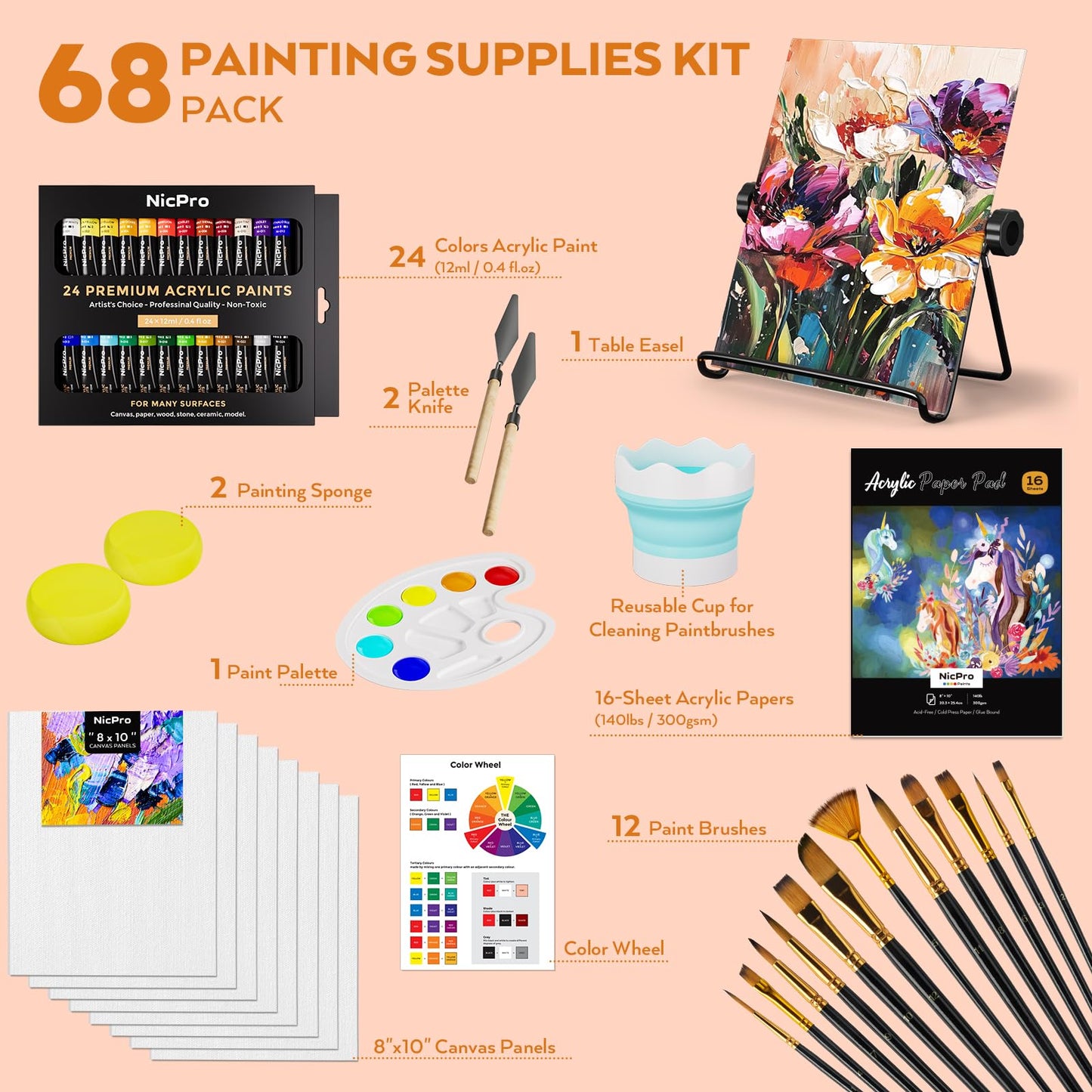 Nicpro 68PCS Acrylic Paint Canvas Set for Adults & Fluid Art Painting Supplies Kit with 24(0.4/OZ) Paints,Table Easel,8 Canvas Panels,12 Brushes,Paper Pad,Cleaning Cup,Sponge,Palette for Artist Beginner