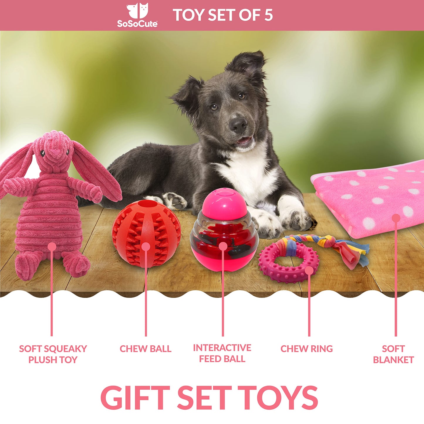 SoSoCute Pink Dog Gift Box - Puppy Chew Toy Set of 5 - Care Package with Dog Blanket, Squeaky Plush, Rubber Puppy Teether, Teething Ball, and Treat Ball for Small and Medium Dogs