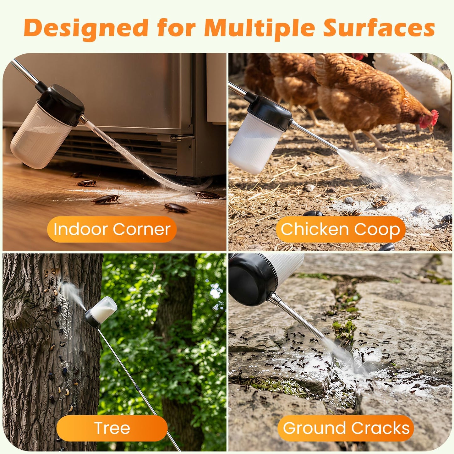 Diatomaceous Earth Powder Duster with Adjustable 4FT Rod, Adjustable Output Pump, 250ml Large Capacity Tank & Clog-Free Design, Powder Dispenser for Indoor/Outdoor Gardening