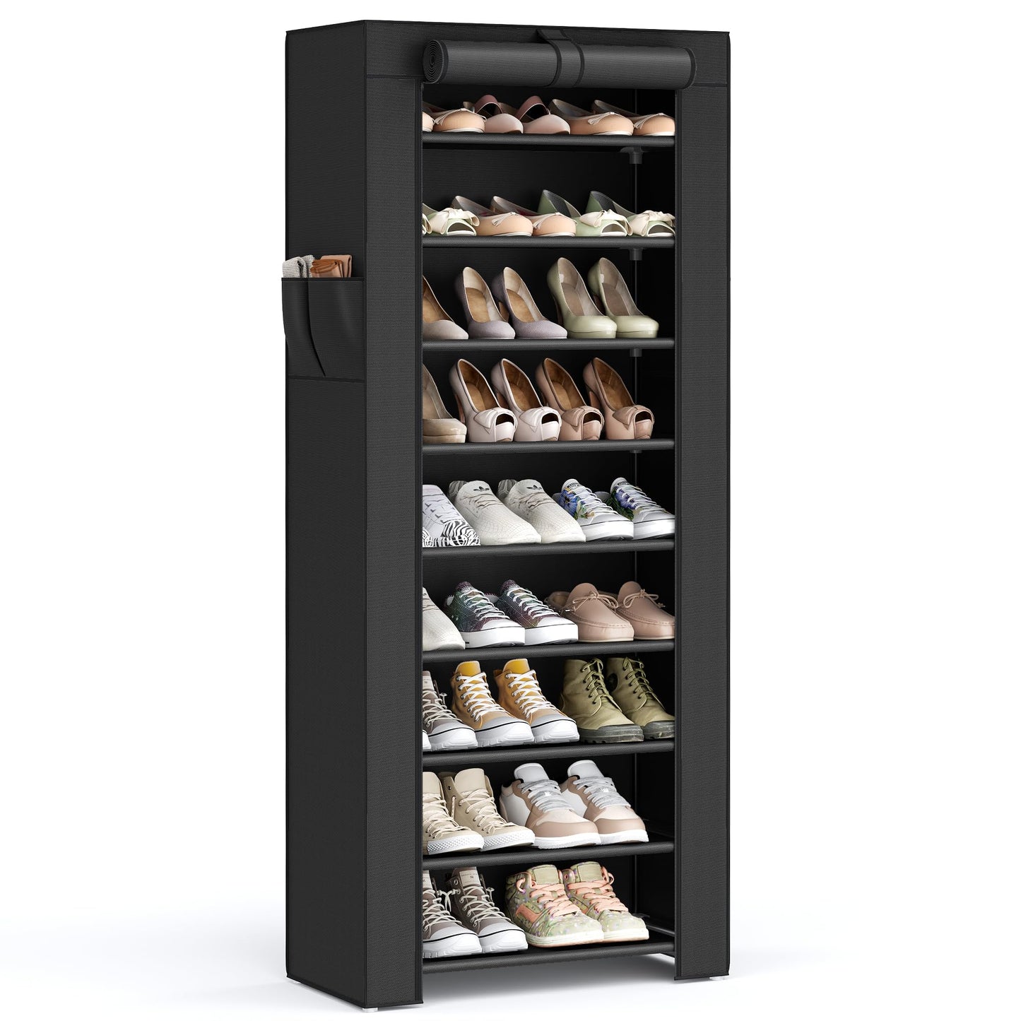 SONGMICS 10-Tier Shoe Rack, Shoe Storage Organizer Cabinet with Dustproof Cover, Free-Standing, for Closet, Entryway, Hold 27-35 Pairs, for Sneakers, High Heels, Black URXJ10H01