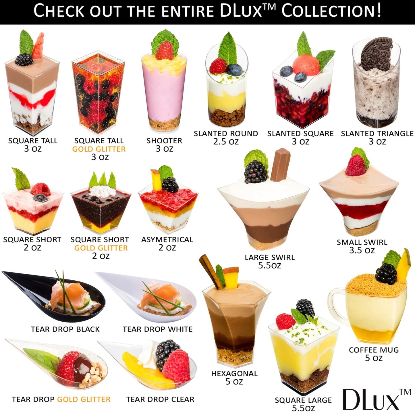 DLux 100 x 3 oz Mini Dessert Cups with Spoons and Lids,Square Tall- Clear Parfait Appetizer Cup Small Reusable Serving Bowl for Party -with Recipe Ebook