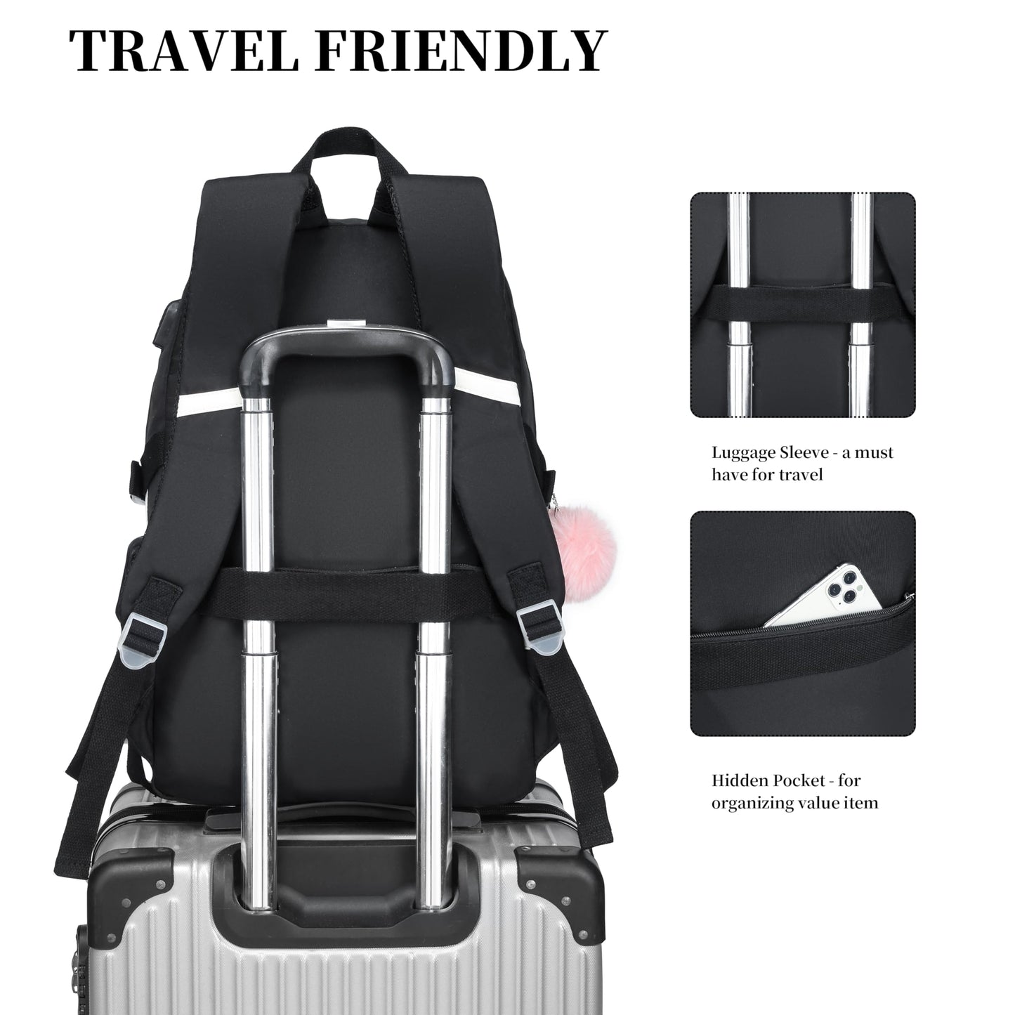 School Backpack for Teen Girls,15.6in Laptop Backpack Kids Bookbag for Middle School College Students,Cute School Bag for Women,Black
