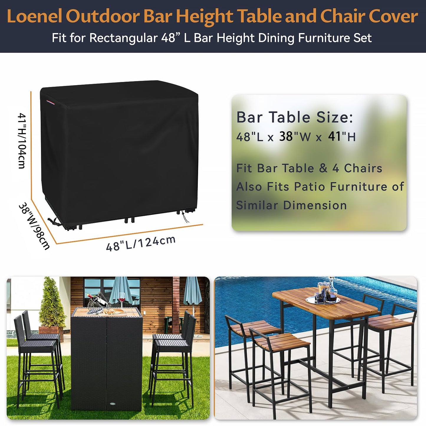 Loenel Outdoor Bar Table Set Cover, Heavy Duty Waterproof Outdoor Wicker Patio Bar Height Bistro Furniture Set Cover for 4 Person-Patio Table and Chairs Set - 48"L x 38"W x 41"H
