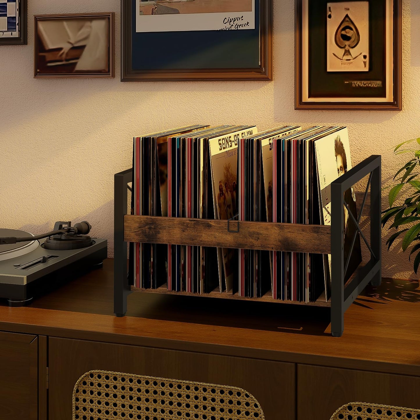ELITEROO Vinyl Record Holder, Wooden Record Crate Fits 7” -12” Records, Vinyl Shelf Holds up to 50-100 Albums, DVDs, CDs or Files Wood Book Storage Stand Desktop Organizer Box, Rustic Brown