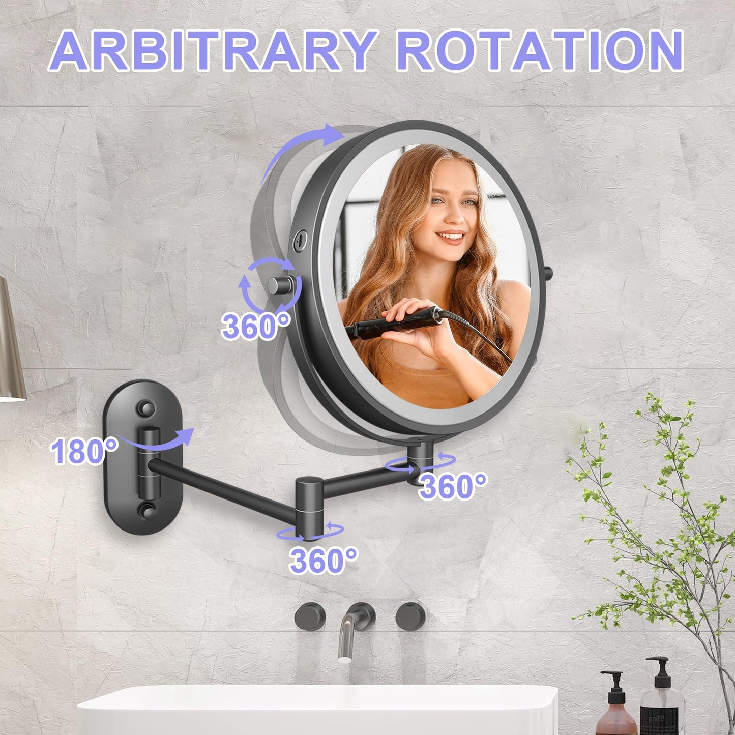 TUSHENGTU 8“Wall Mounted Makeup Mirror with Light 10x Magnifying for Vanity, Bathroom, and Shaving - USB Rechargeable,Adjustable Brightness and Color Temperature (Black-10X)