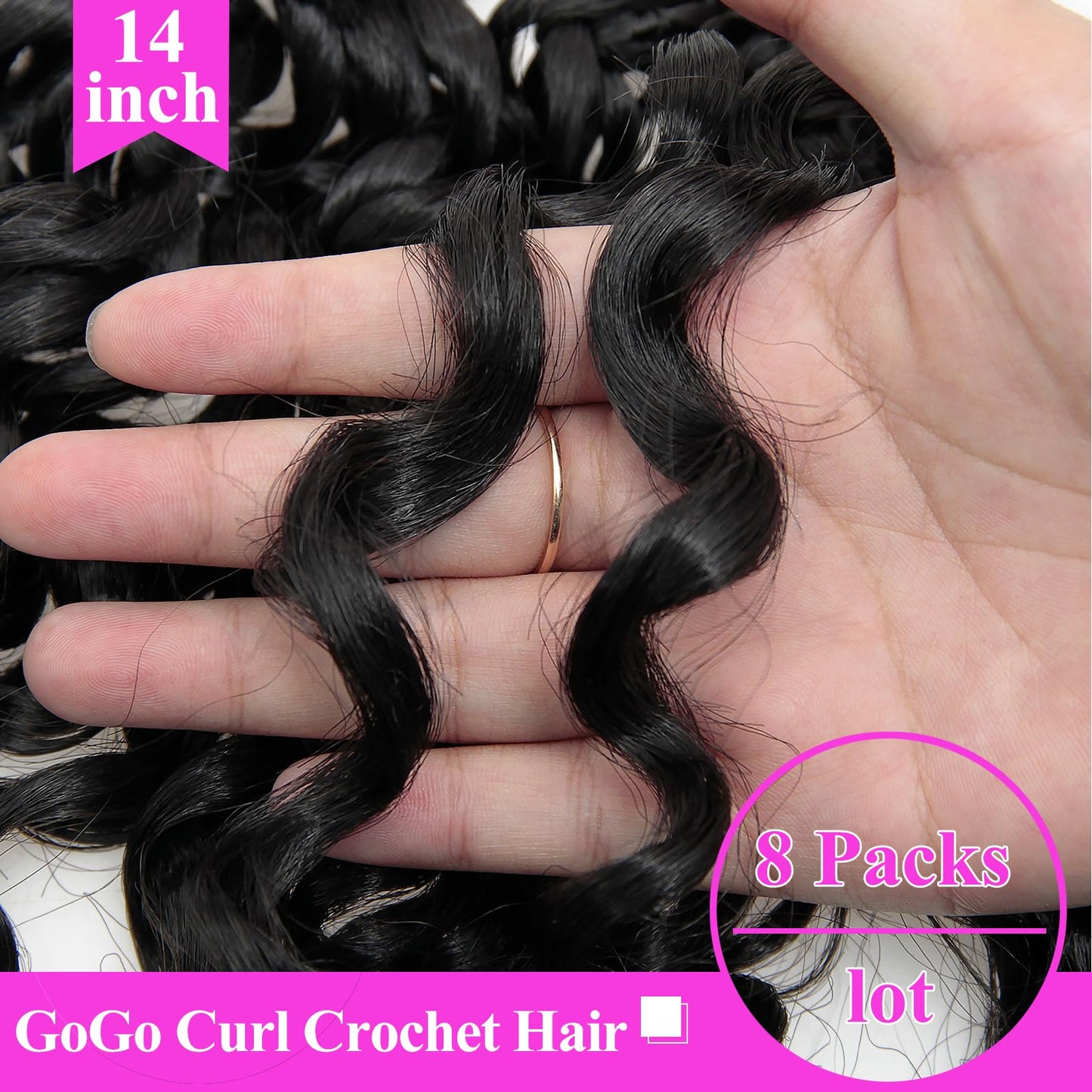14 Inch Pre Looped Crochet Hair for Black Women - Gogo Curl/Beach Curl/Ocean/Water/Deep Wave Crochet Hair 8 Packs, Synthetic Hair Tangle-Free Natural Look Curly Hair Extensions (1B)