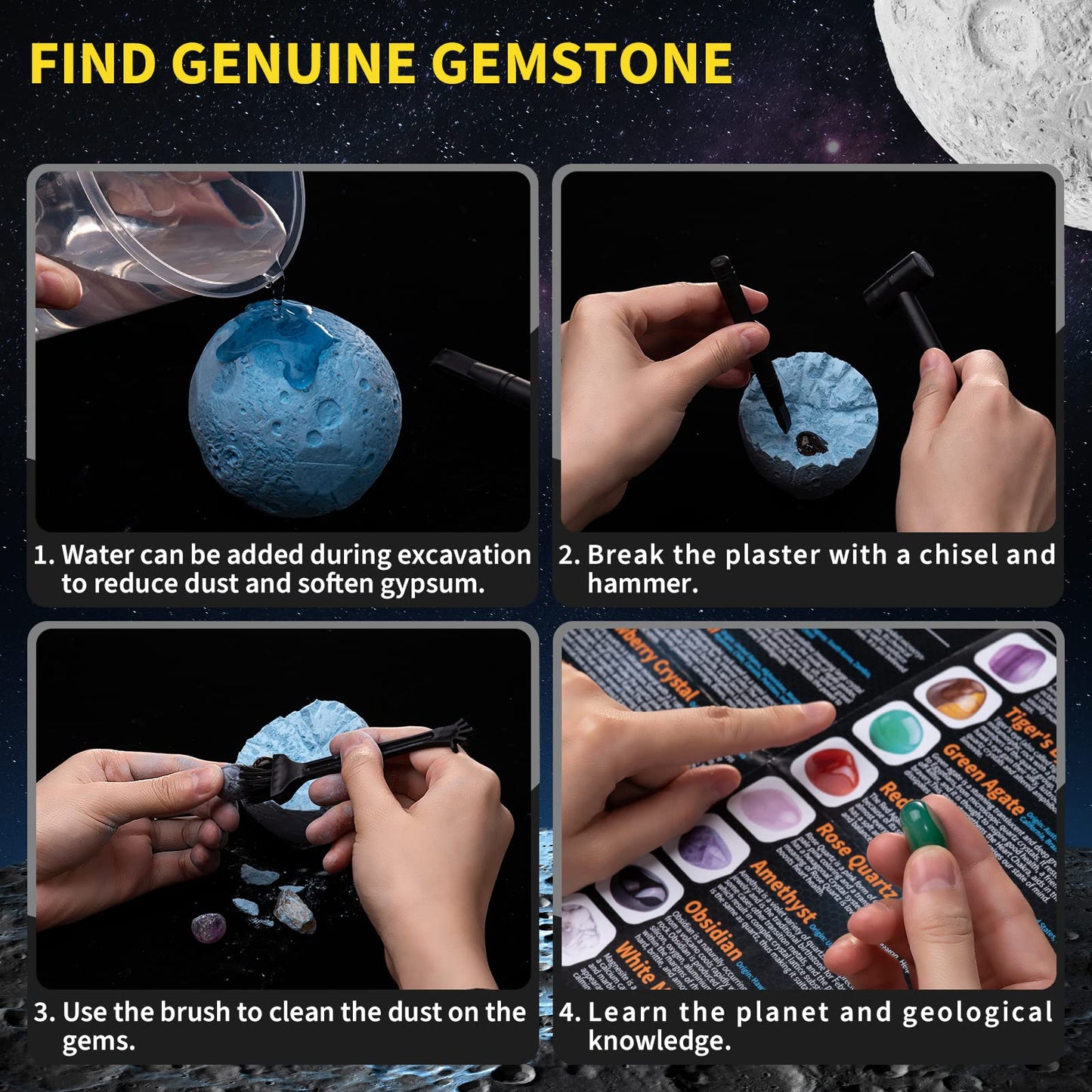 Gemstones Dig Kit, Solar System Science Kit for Kids, Excavate 15 Real Gems, STEM Educational Space Toys Moon Planet Collection Kit, Archaeology Geology Science Projects Gift for Boys & Girls Age 6+