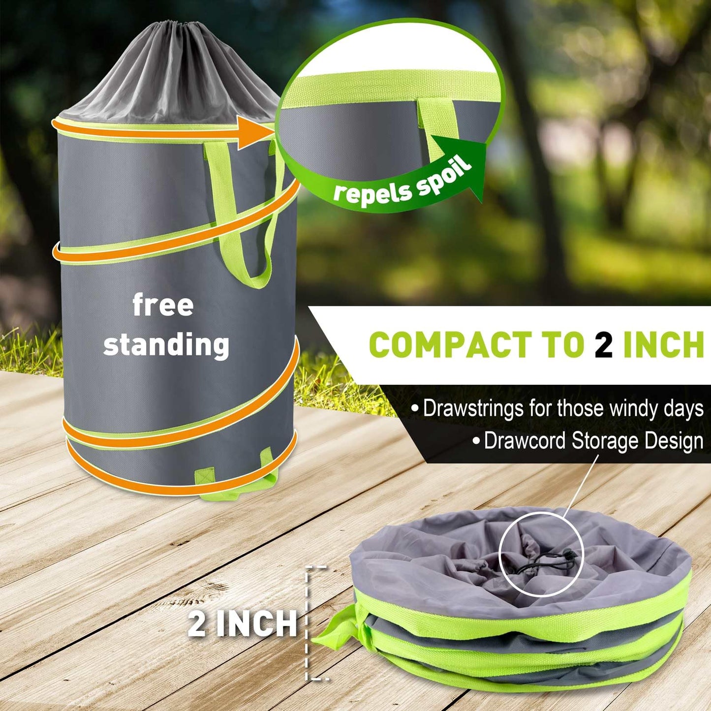 Altdorff Collapsible Trash Can Camping, Yard Waste Bags 2 Pack, Leaf Bag Resuable Pop Up, 120L Large Collapsible Garden Bag with Drain Holes and Drawstrings for Windy Days