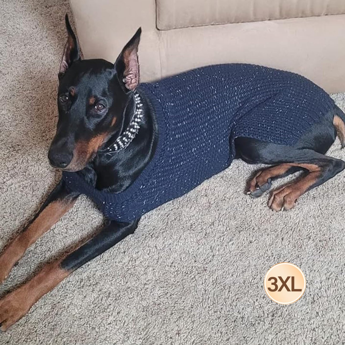 KYEESE Classic Dog Sweater With Leash Hole - Large Size Warm Coat for Large Dogs, Stretchy With Reflective Yarn, Comfy Clothes, Navyblue, 3XL