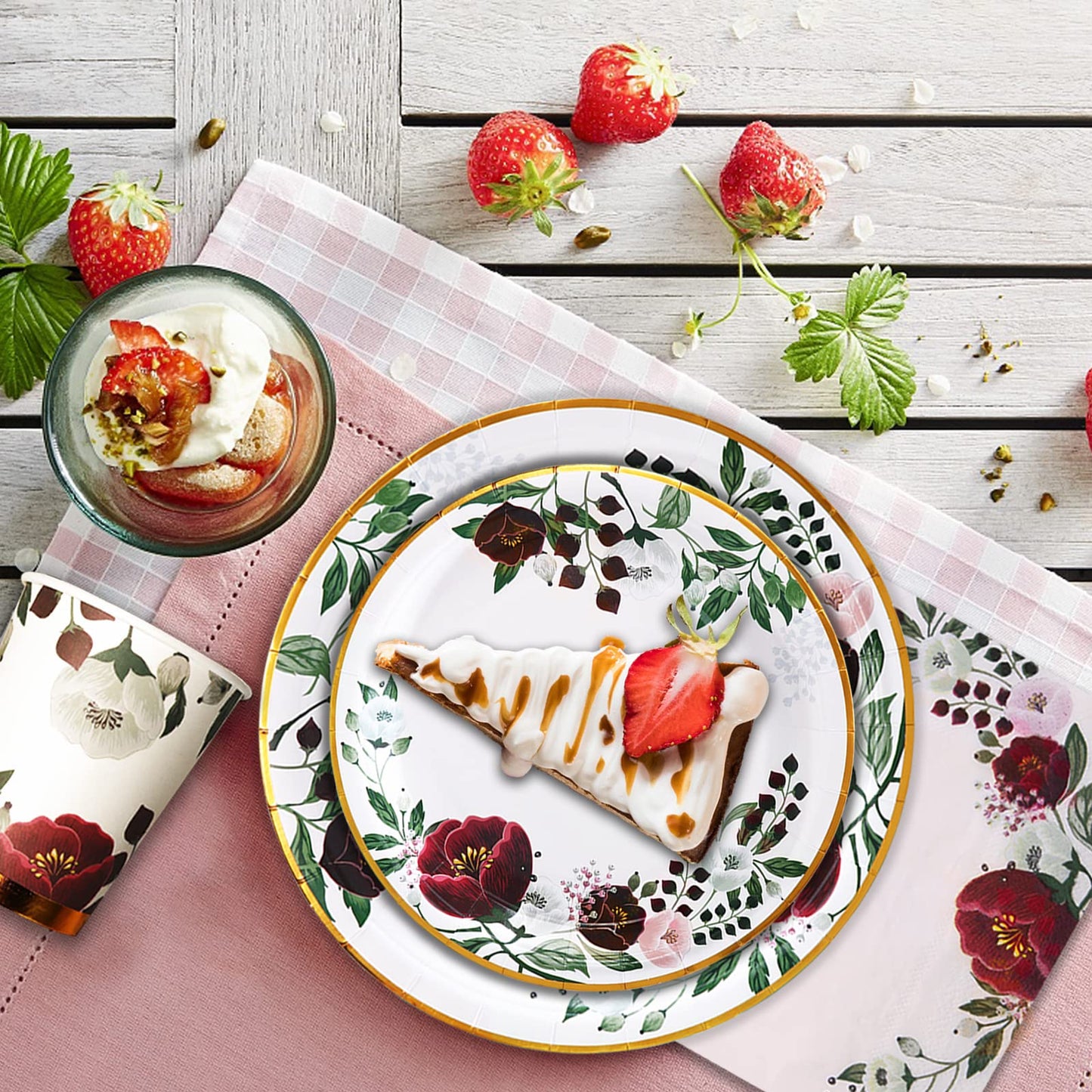 Gudvilla 200Pcs Floral Paper Plates and Napkins Party Supplies - Bridal Shower Decorations Serves 50, Burgundy for Wedding, Birthday, Valentine's Day, Easter, Spring Party
