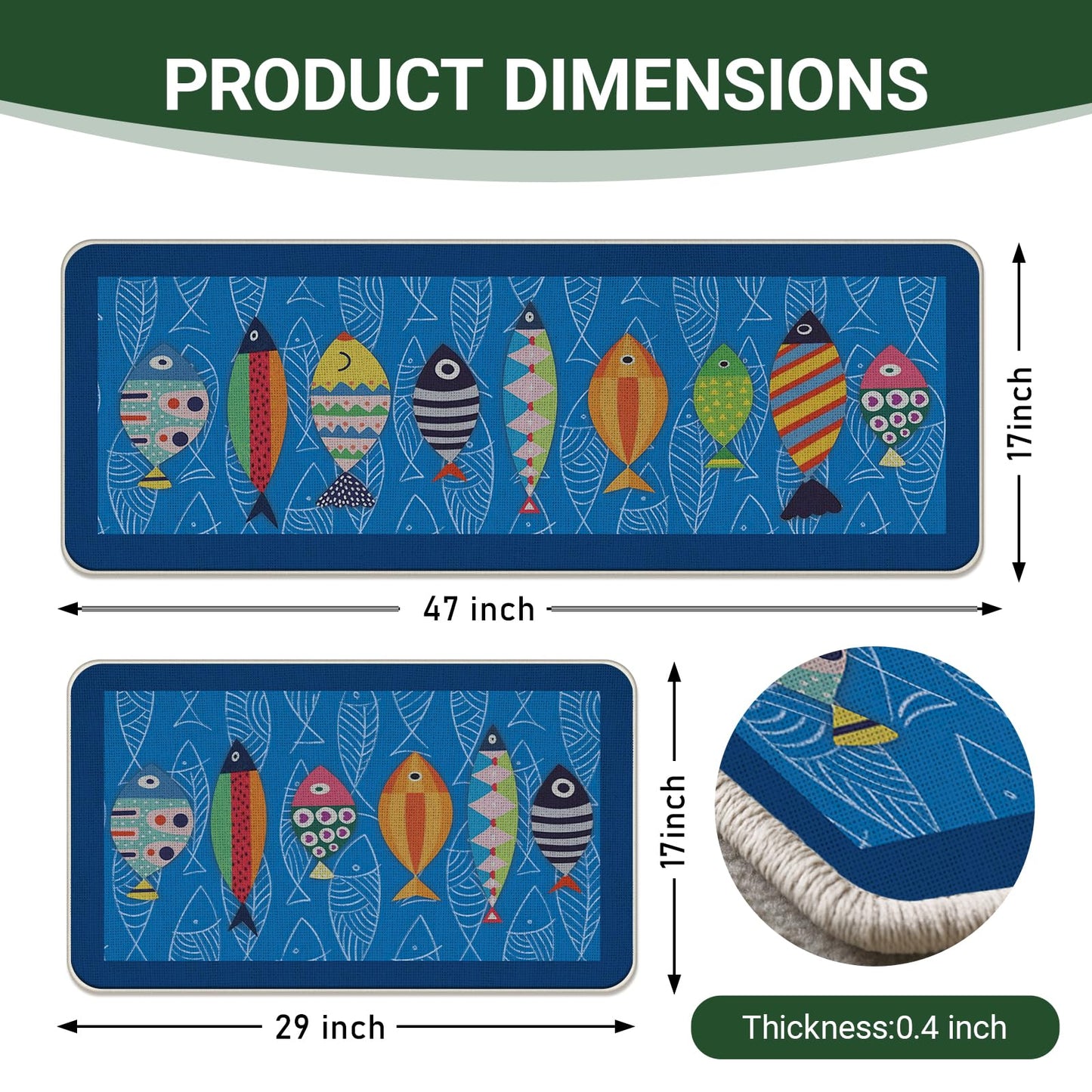 Livcoz Coastal Fish Blue Kitchen Rugs Set of 2, Nautical Beach Ocean Fishes Floor Mats Decor, Farmhouse Sea Door Mat Home Decorations - 17x29 and 17x47 Inches