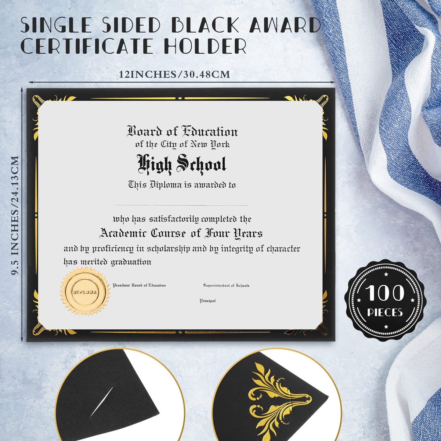 Fainne 100 Pcs Certificate Holder Foil Border 8.5 x 11 Inch Single Sided Award Certificates Cover for Letter Size Cardstock Document Paper Diploma Graduation School Marriage Supplies(Black)