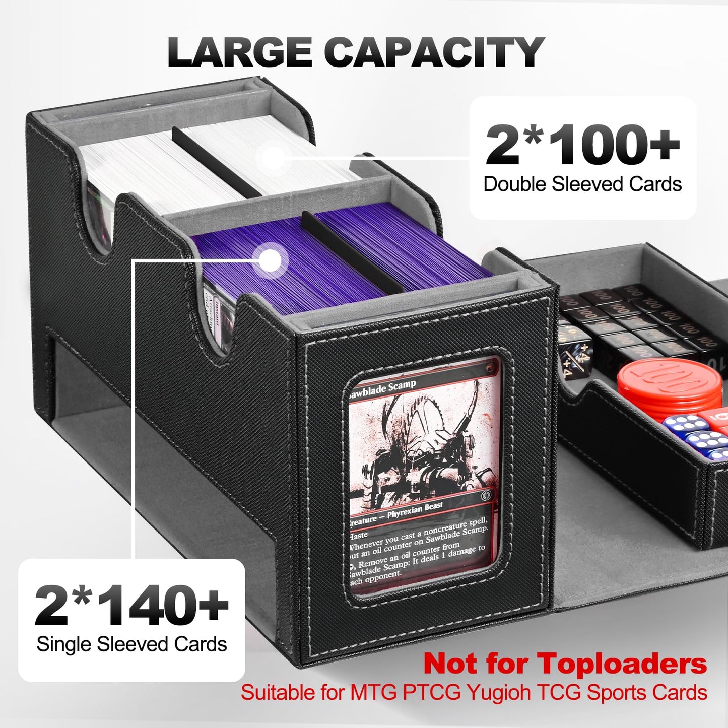 Card Deck Box for MTG, Double Card Storage Box with 2 Commander Display & Dice Tray, Fits 200+ Double Sleeved Cards, Card Organizer for CCG TCG Sports Cards (Black&Gray)