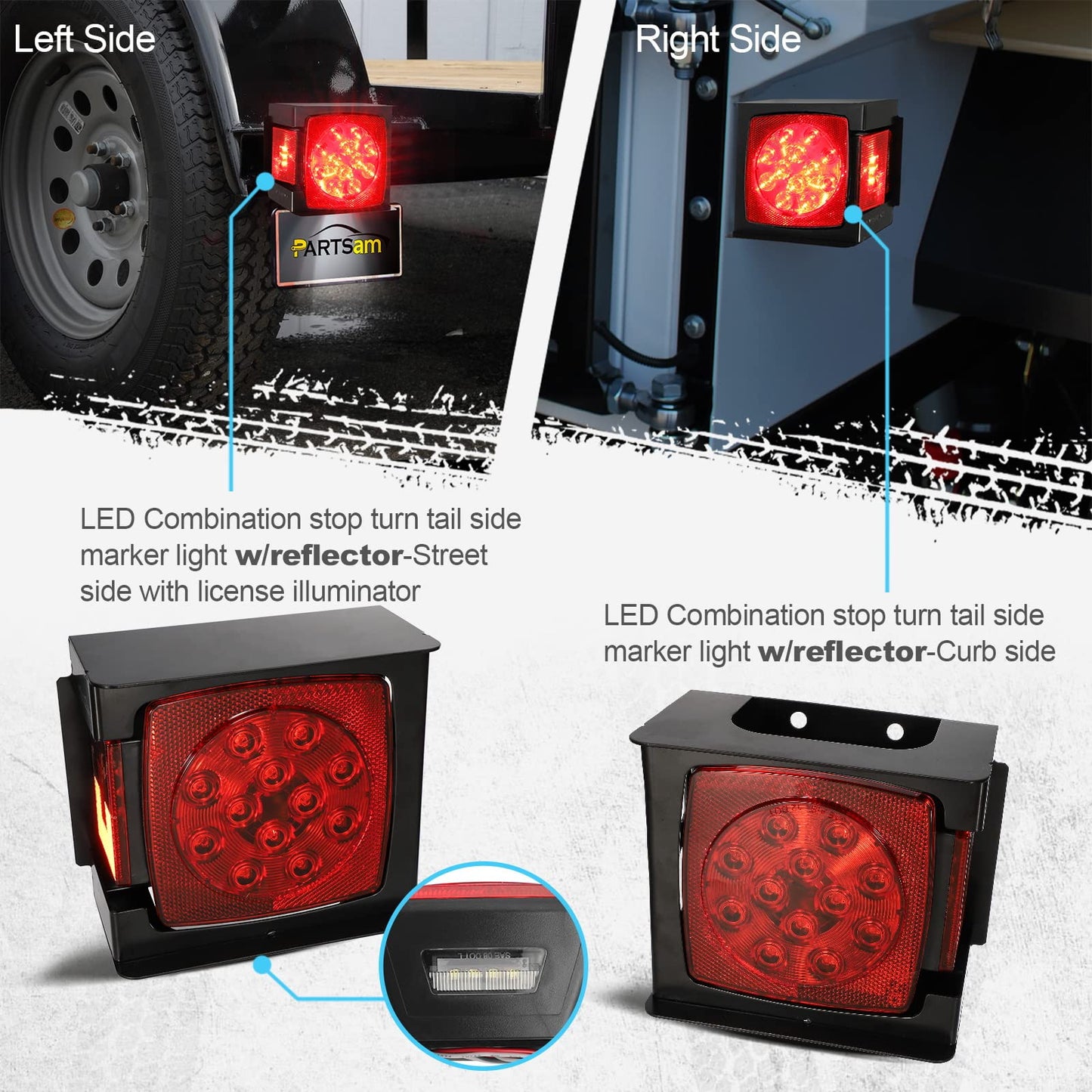 Partsam 2pcs Waterproof Square Led Trailer Light Kit Red LED Stop Turn Tail License Brake Running Light Lamp w Steel Mounting Boxes License Bracket for Under 80" Trailer Boat Truck IP68 DOT Approved