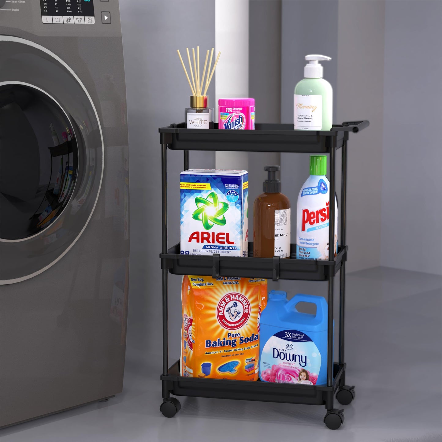 Simple Houseware 3-Tier Slim Storage Cart - Narrow Rolling Utility Cart on Wheels for Tight Spaces - Bathroom, Kitchen & Laundry Organizer, Black