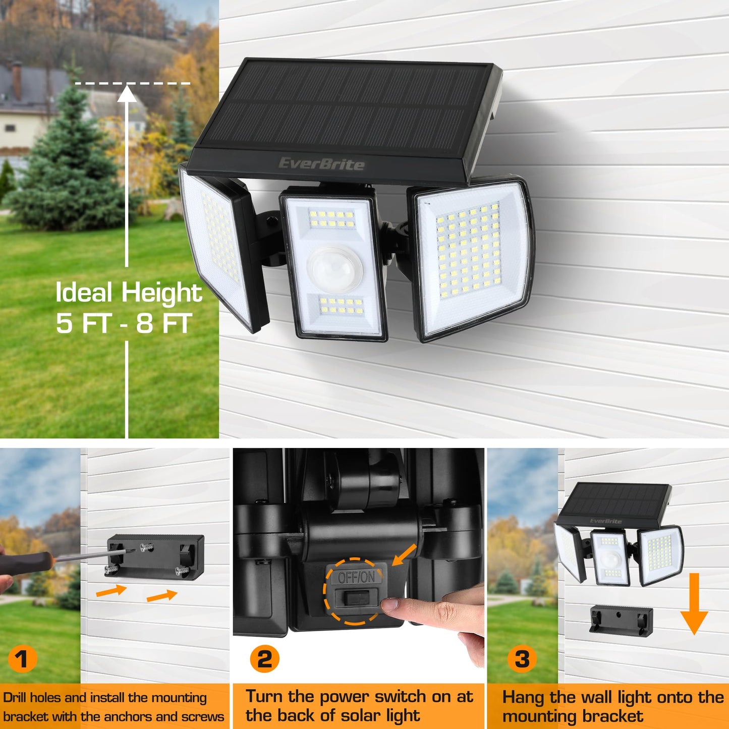 EverBrite Solar Light Outdoor, 128 LED 800LM Solar Motion Sensor Security Light with 270° Wide Lighting Angle, IP65 Waterproof Bright Flood Light for Yard Patio Garden Pathway Porch