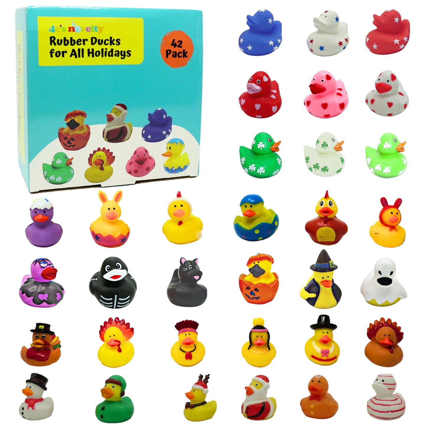 4E's Novelty Rubber Ducks for All Holidays, Bulk Pack of 42 - Includes 6 of Each Holiday, Valentines Day Rubber Ducks, Easter Duckies, Bath Toys for Kids, Gift for Jeep Owners, Jeep Ducking