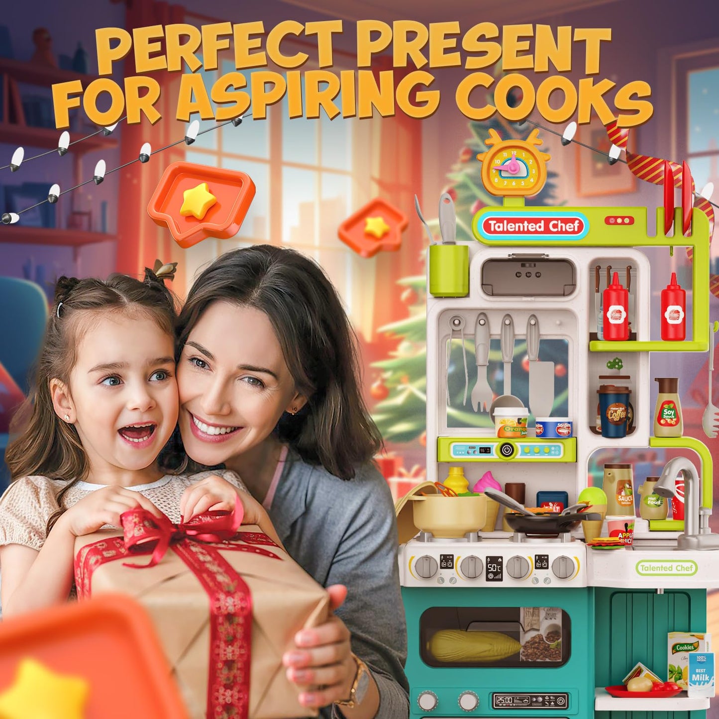 96PCS Kids Kitchen Playset, Play Kitchen with Sound & Light, Cooking Stove with Steam, Play Food Toy Kitchen Accessories, Play Sink, Oven, Pretend Play Kitchen Toys Set for Boys and Girls (Green)