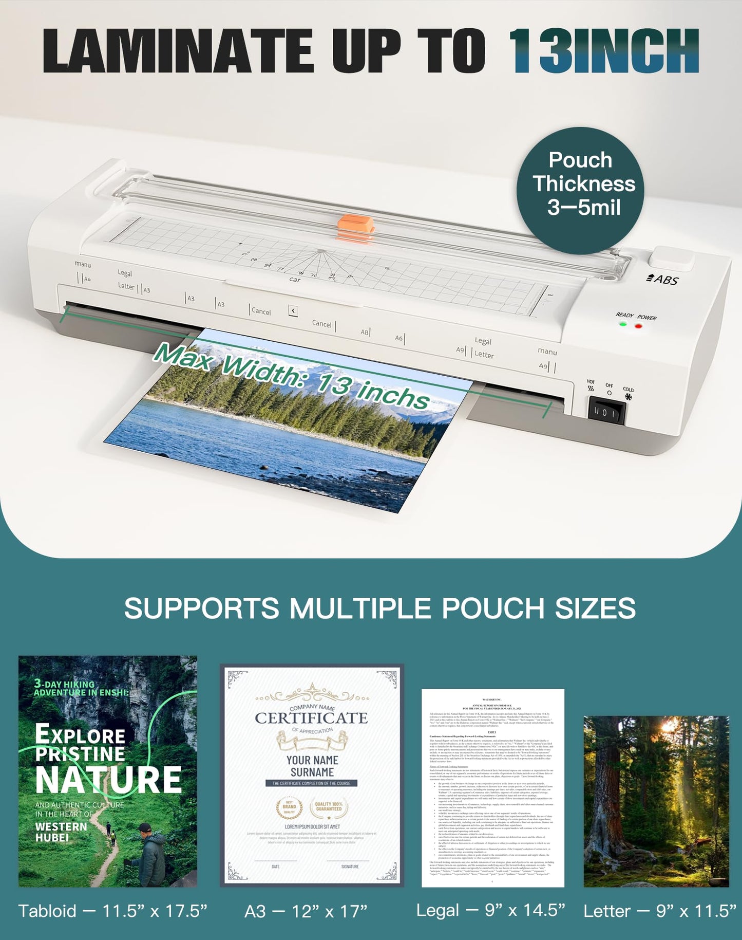 13 Inch Laminator Machine with Auto Paper Feed, Never Jam A3 Thermal & Cold Lamination, 20 Laminating Sheets, 10-in-1 Laminator with Cutter, Trimmer & Corner Rounder for Office School Home Use（White）