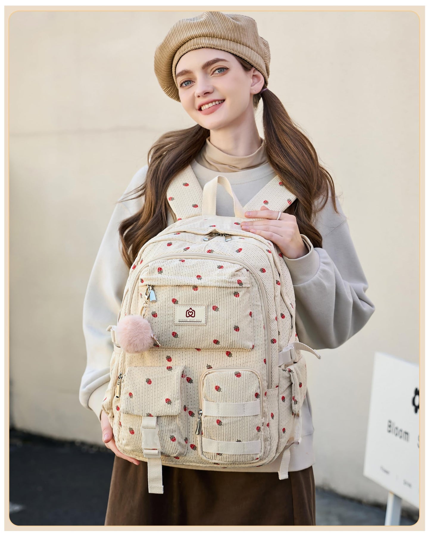 School Laptop Backpack for Teens Girls Women College Backpacks Corduroy Bag Students Bookbag Anti Theft Travel Daypack (Beige Strawberry)