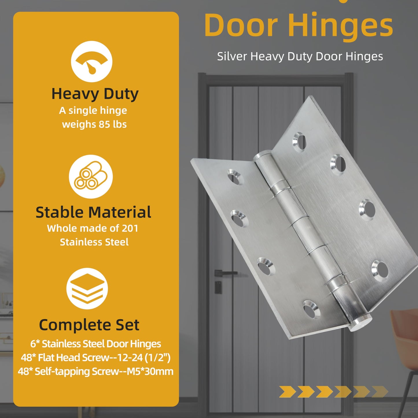 4.5 inch X 4.5 inch Heavy Duty Commercial Door Hinge with Silent Steel Plain Ball Bearing, 3 mm Thickness Stainless Steel, Square Corner with 144 Screws (6-Pack)