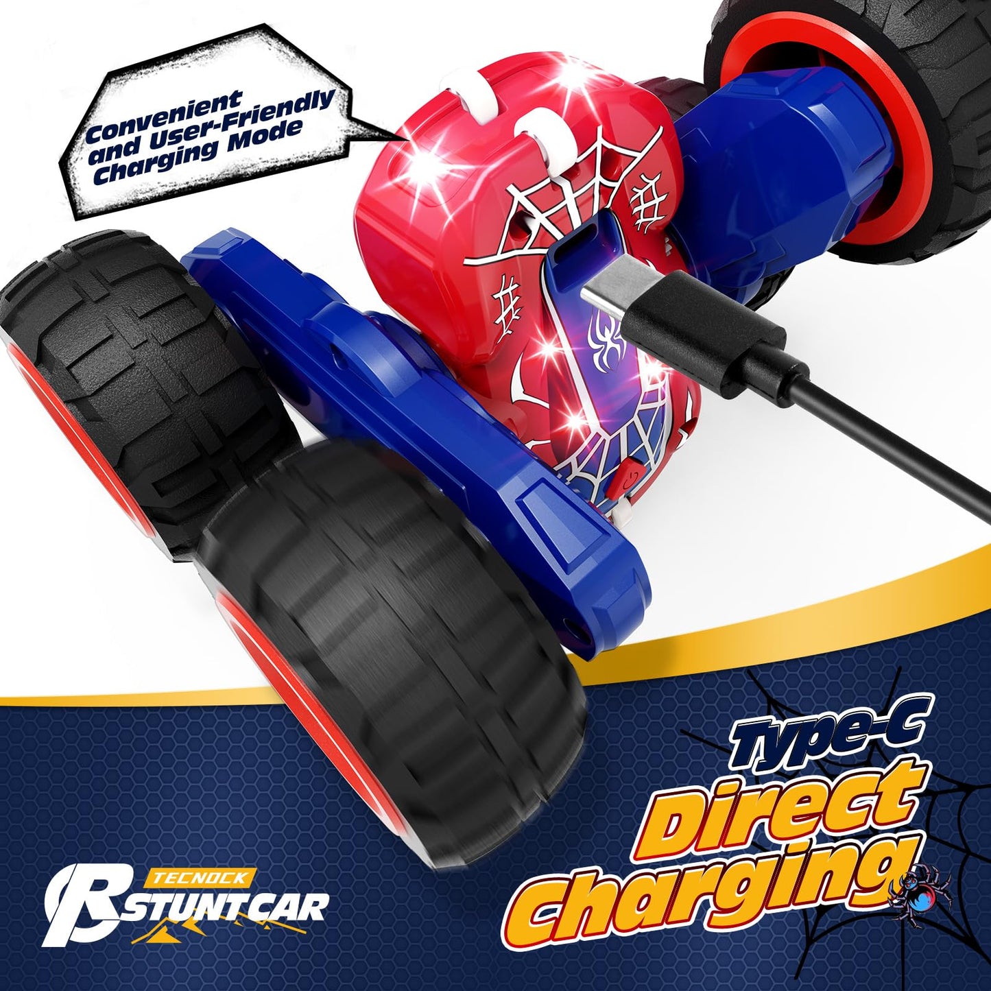 Tecnock Spider Remote Control Cars for Kids, 2.4GHz RC Car with Type-C Easy Charging, 4WD Double Sided 360° Rotates and Flips RC Stunt Car, Toys Gift for Boys and Girls