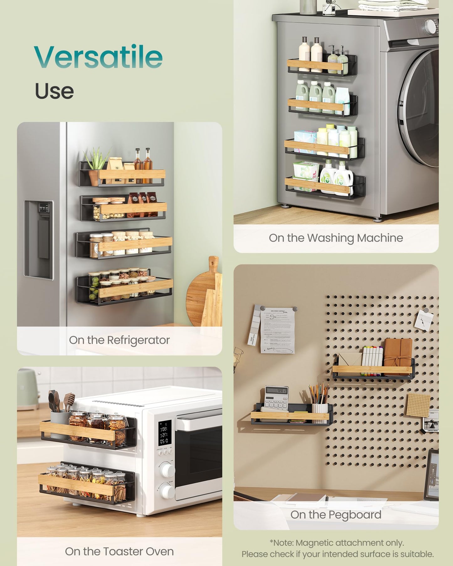 SONGMICS Set of 4 Spice Racks, 2 Large and 2 Small Kitchen Magnetic Shelves for Refrigerator, Microwave, Washing Machine, Spice Organizers, No Drilling Needed, Ink Black and Light Bamboo UKCS062BH01