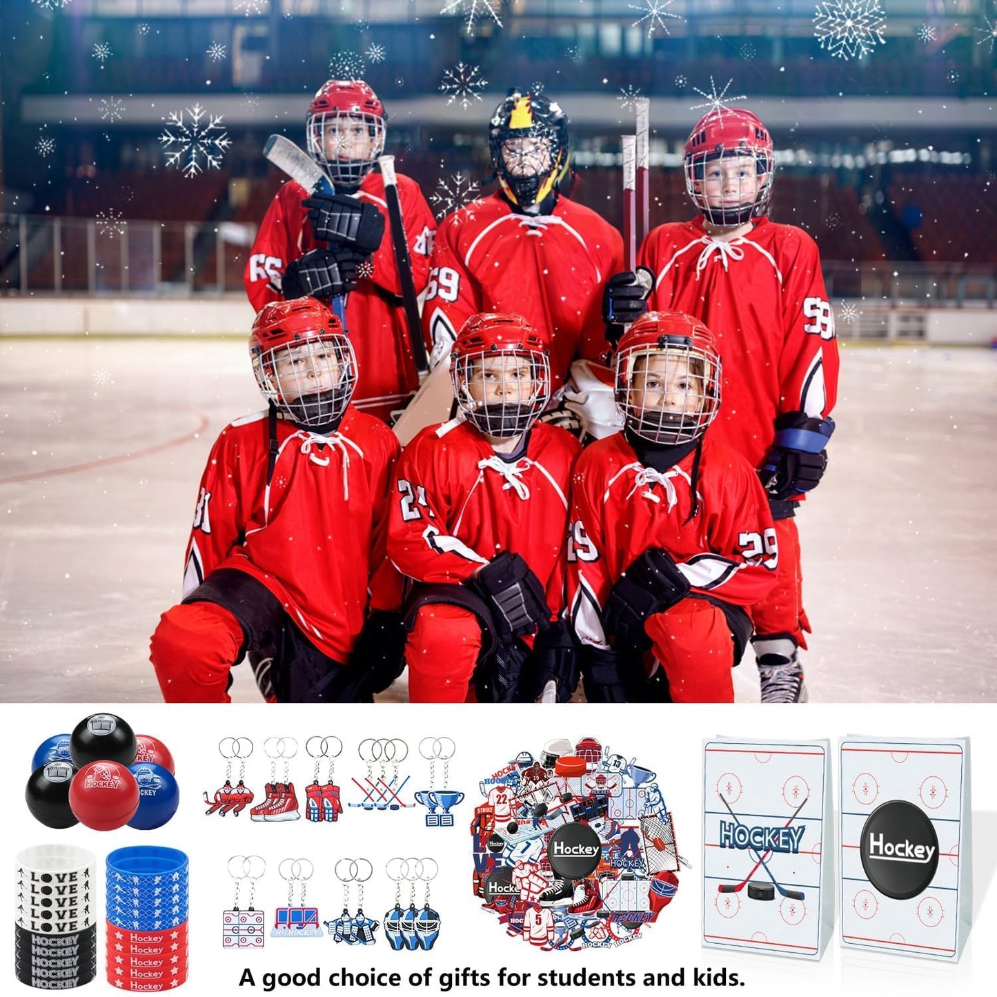 Hockey Party Favors 130Pcs Hockey Party Supplies Foam Hockey Balls, Silicone Wristbands, Hockey Theme Stickers, Hockey Gift Bags, Hockey Keychains, Gifts for Kids Students Boy Birthday Hockey Party