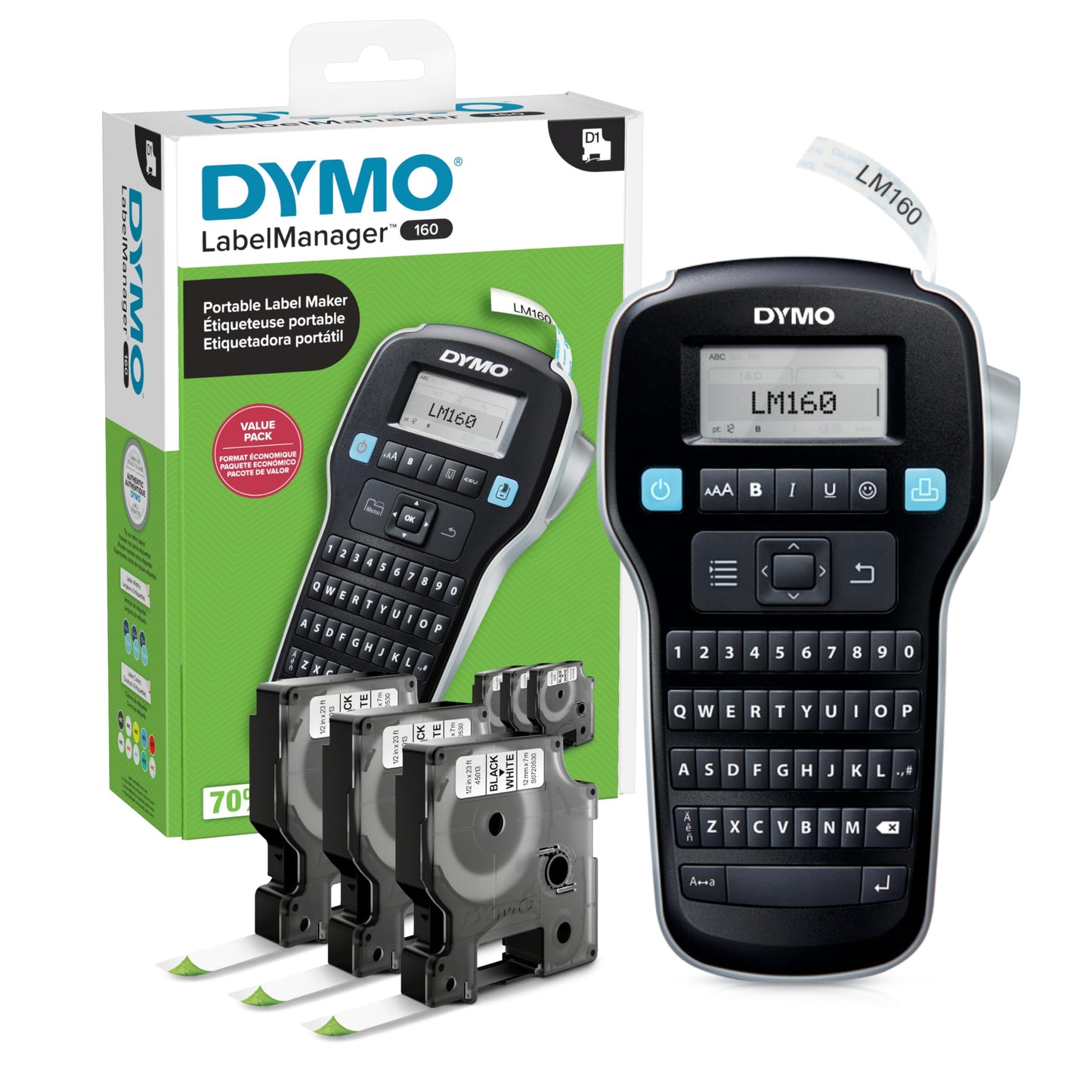 DYMO Label Manager 160 Portable Label Maker Bundle, Easy-to-Use, One-Touch Smart Keys, QWERTY Keyboard, Large Display, for Home & Office Organization, Includes 3 D1 Label Cassettes ,Multi-color