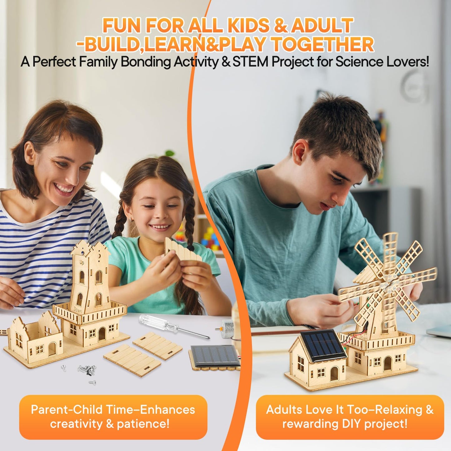 STEM Solar-Powered 3D Wooden Puzzle Kit - DIY Dutch Windmill House Building Toy | Educational Science Craft for Kids 8-15 & Adults | Hands-On Creative Model Project