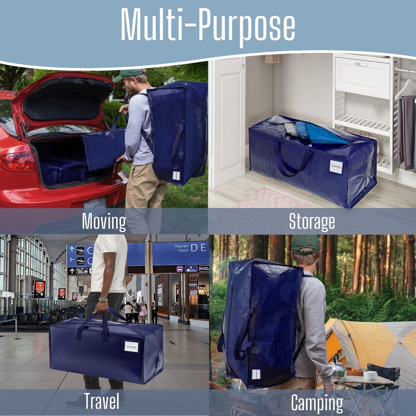 VENO Extra Large Moving Bags with Backpack Straps, Cloth Storage Tote Bag Container with Sturdy Zipper and Strong Handles Moving Supplies Boxes College Dorm, Traveling, Camping (Blue, 4 Pack)