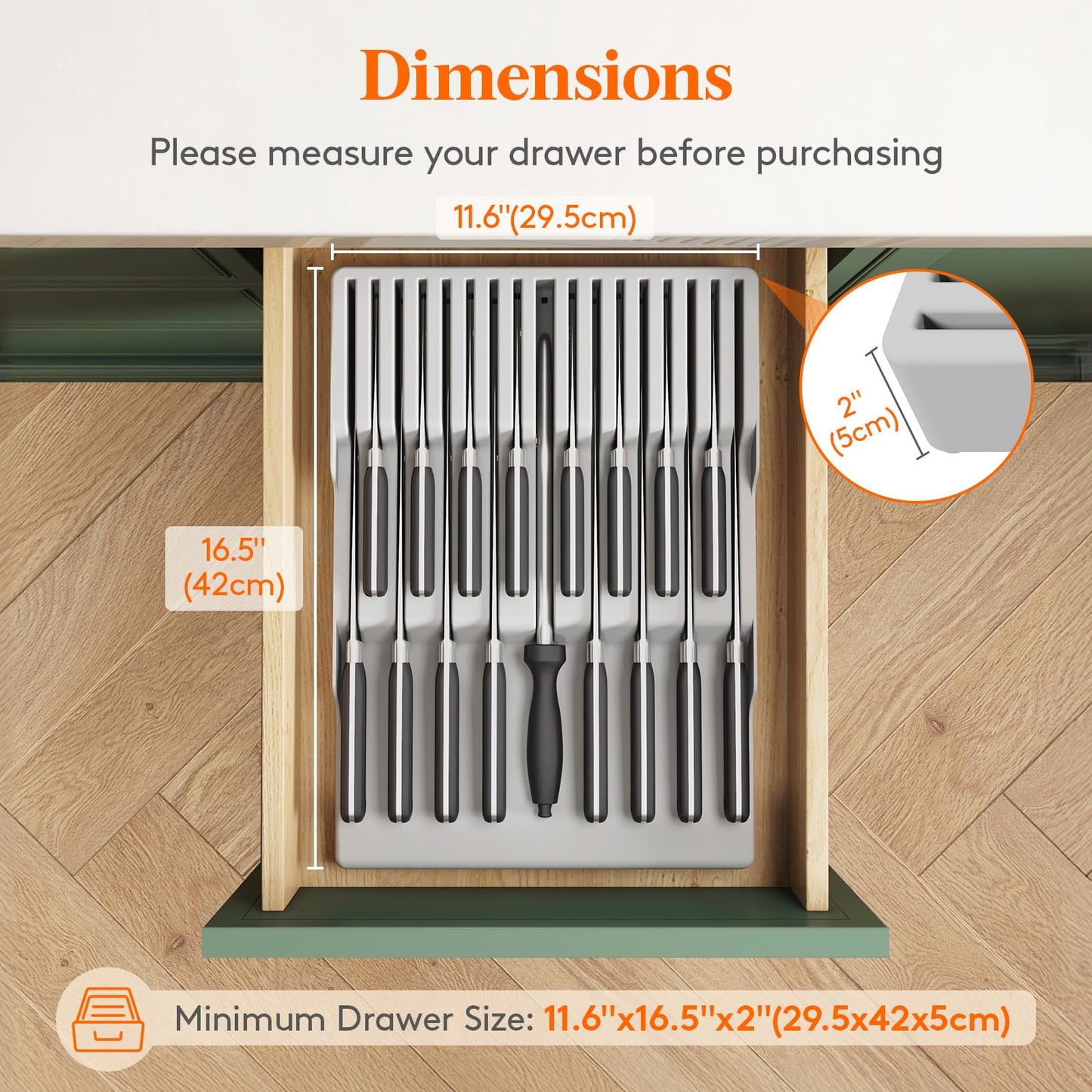 Lifewit Magnetic Drawer Knife Organizers Insert, Kitchen Plastic In Drawer Knife Block Slots, Steak Chefs Knives Holder Storage Sets for 16 Knives and 1 Sharpening Steel, Extra Large, Gray
