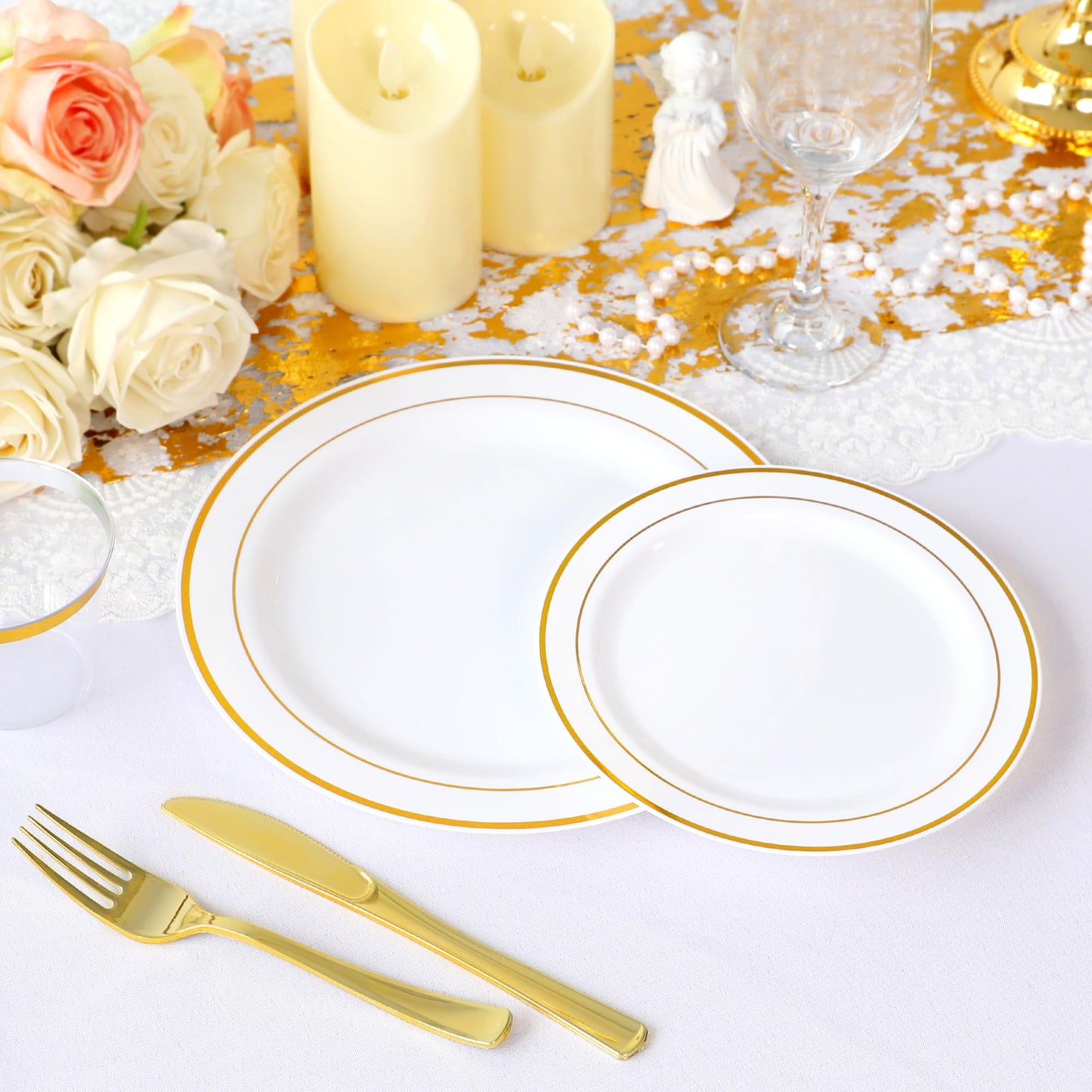 100 Pieces Gold Plastic Plates, Disposable Party Plates White Gold Rim, 50 Heavy Duty Dinner 10.25 Inch Plates and 50 Disposable Dessert Appetizer Elegant Fancy Wedding 7.5 Inch Plates