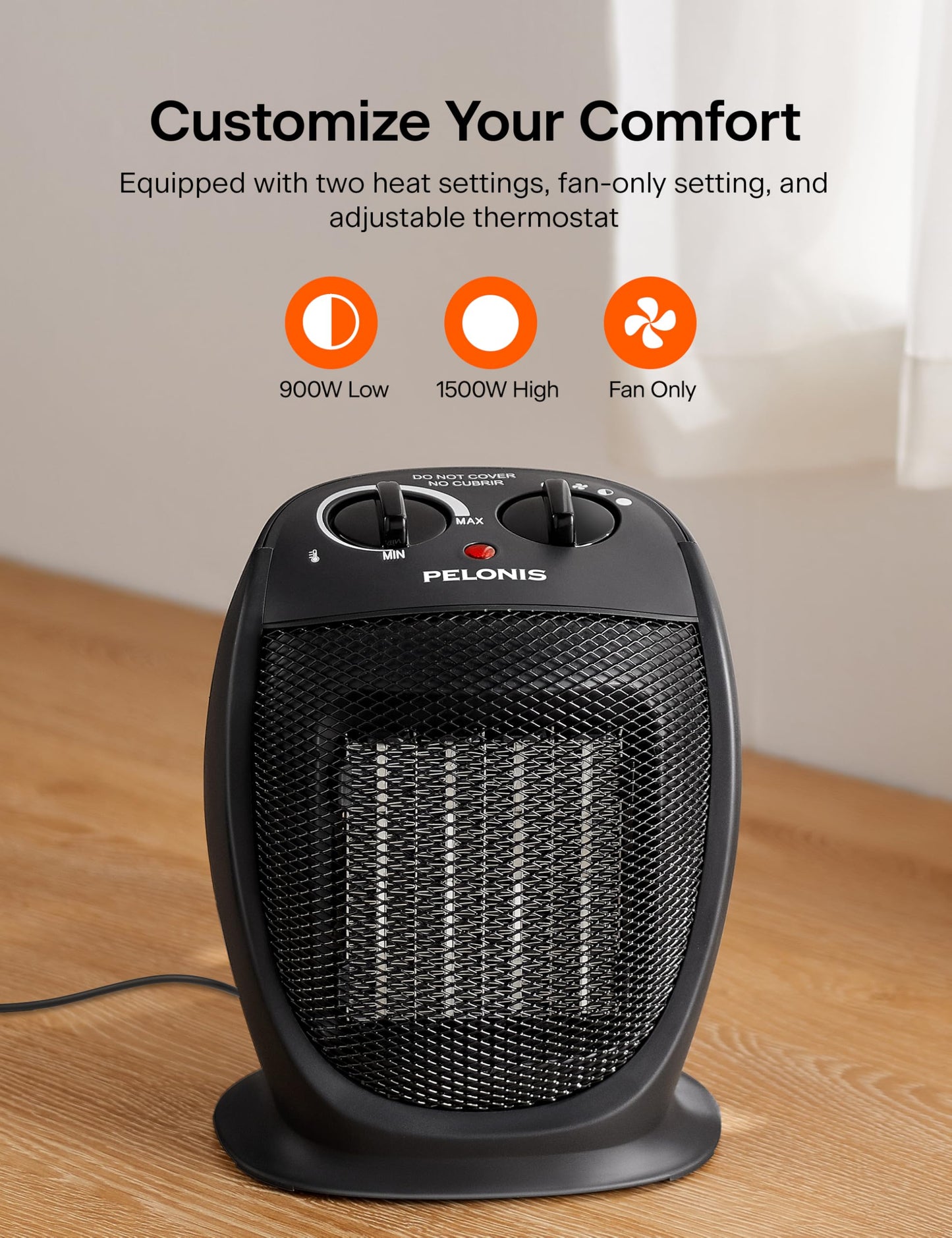 PELONIS Portable Electric Space Heater, 1500W Ceramic Heaters for Home, Office, Personal Use, Quiet Cooling & Heating Mode Room Heater for All Season, Tip Over & Overheat Protection, Black, 9inch
