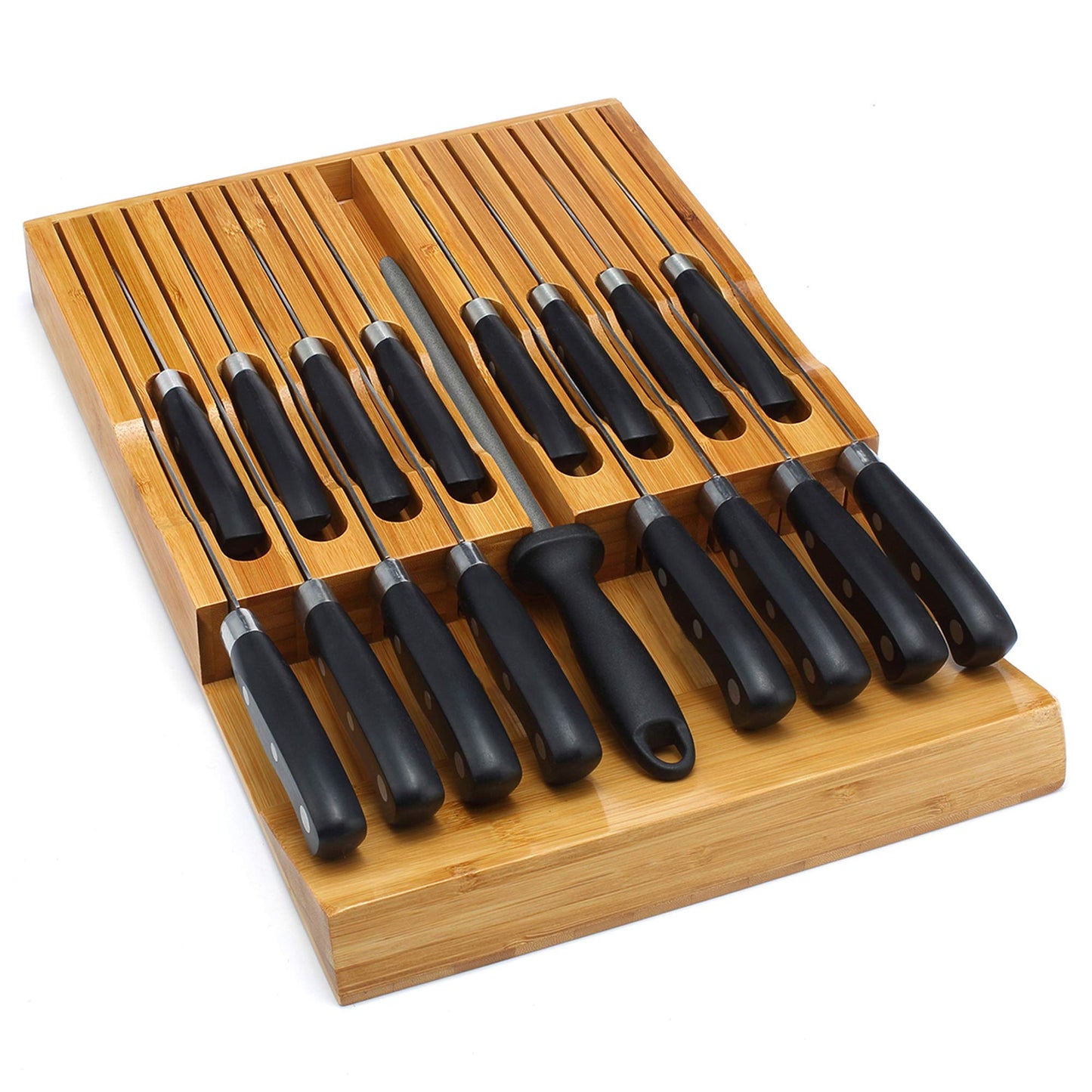 VaeFae Bamboo Knife Drawer Organizer, Knife Drawer Organizer Insert, Kitchen Drawer Knife Block for 16 Knives and a Plus Slot for Your Knife Sharpener (Without Knives)