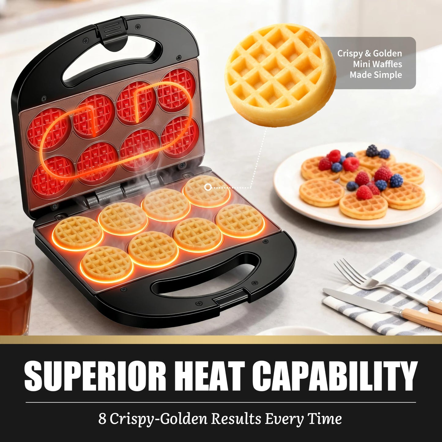 FineMade Mini Waffle Maker Machine, Small Waffle Bites Maker for Kids, Makes 8 x 2” Tiny Waffle Bites, Ideal for Breakfast, Snacks, Desserts and More