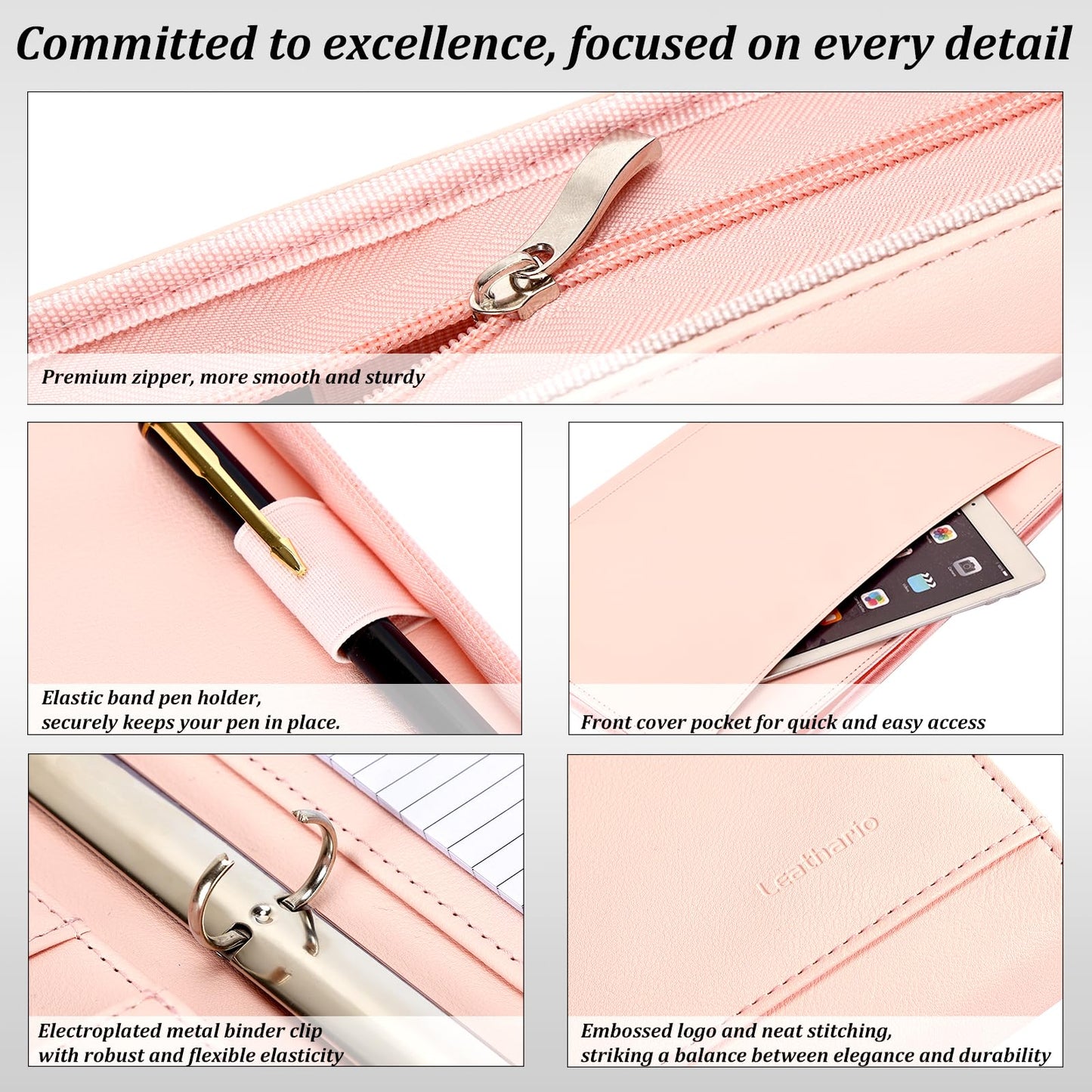 Leathario Portfolio, Vegan Leather 3-Ring Binder with Zipper, A4 Padfolio, Includes 10 Sheet Protectors and 3 Notepads, Multi-Pocket Document Holder for Tablets, Files, Notepads, Office Supplies