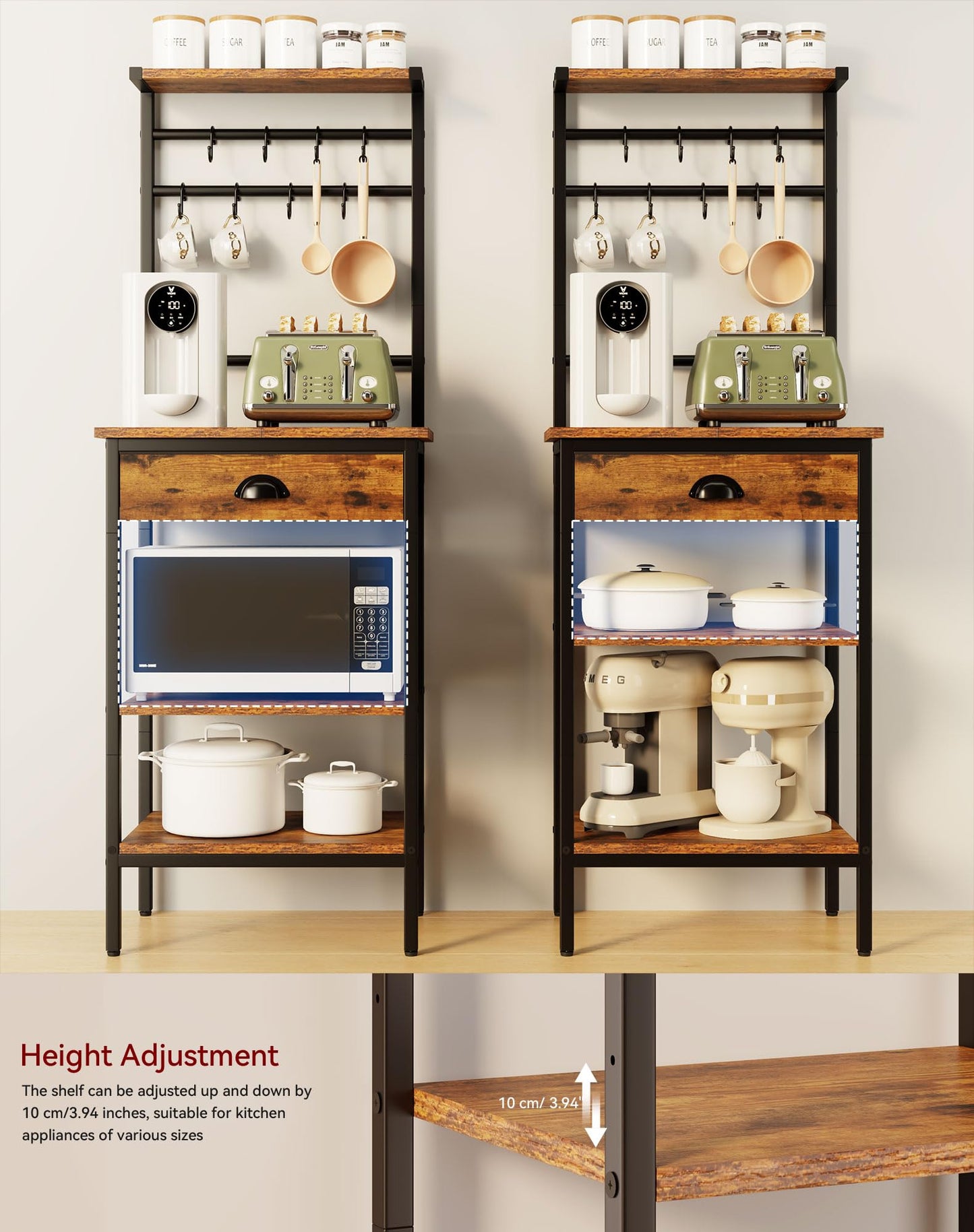YMYNY Kitchen Shelf, Baker's Rack, Coffee Organiser, Coffee Bar, 5 Shelves, 8 Hooks, Fabric Drawers, Steel Frame, 43 x 33 x 134.5 cm, for Kitchen, Living Room, Vintage HBR009H