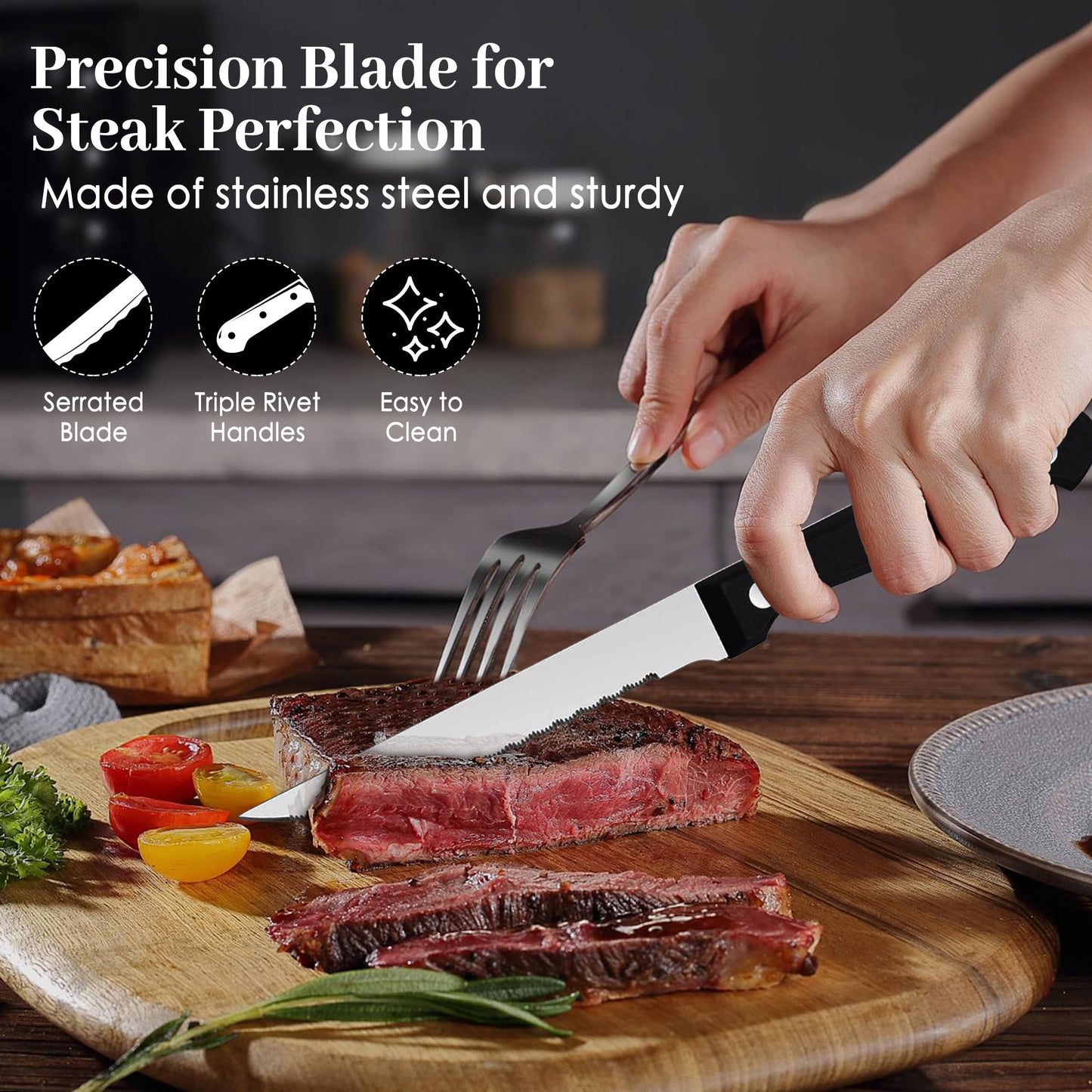 BEWOS Steak Knives Set of 16, Triple Rivet Steak Knife Set, Stainless Steel Serrated Blade(4.5”), Sharp Knives with Comfortable Handle, kitchen knife, Dishwasher Safe, Knife Set For Home or Restaurant