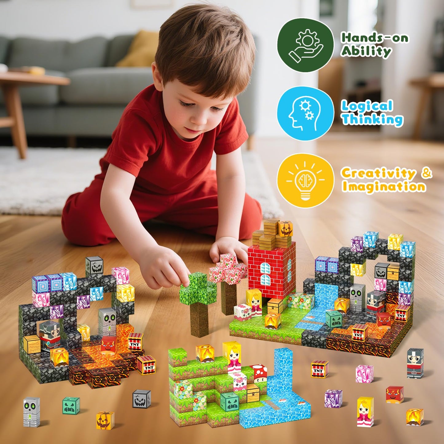 Axirata 208 PCS Magn-etic Building Blocks, Magn-etic Block Building Cubes Set for Kids Toddlers Ages 3+, STEM Sensory Toys Mag-net Tiles Birthday Gifts for Boys and Girls Age 3 4 5 6 7 8 9 10 11 12+